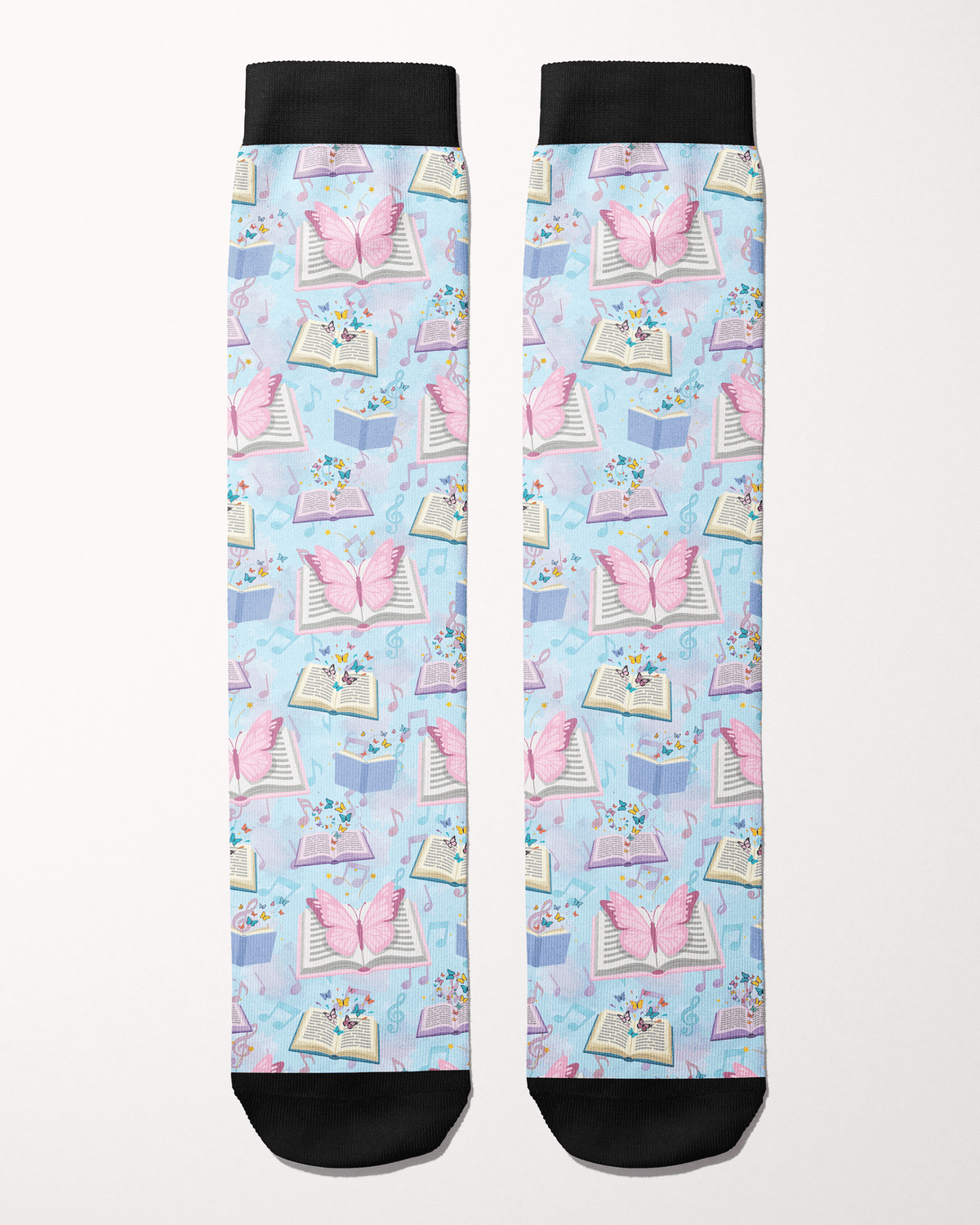Reading 9-5 socks in soft blue and lavender, full pattern of books, music notes and butterflies