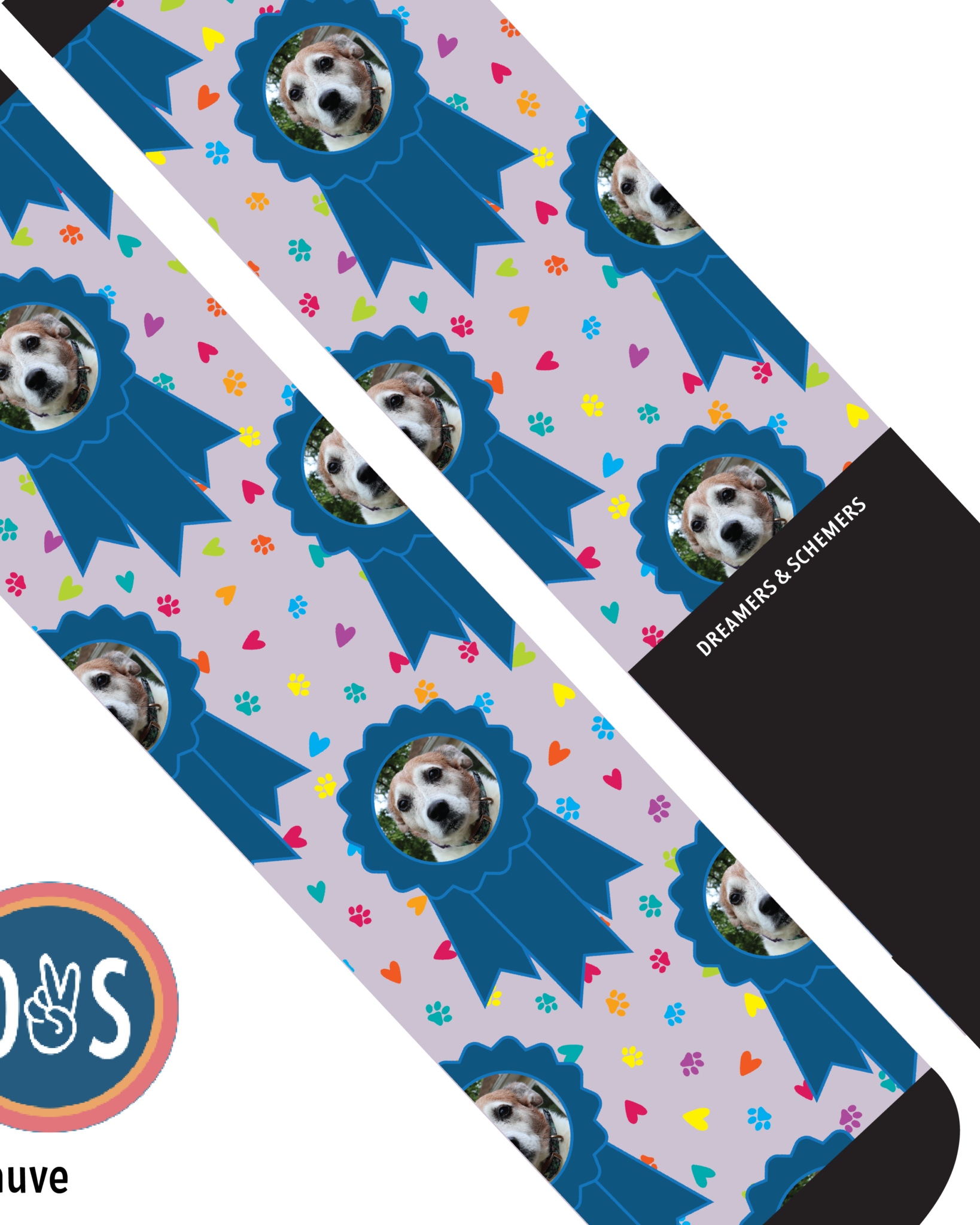 Custom blue ribbon boot socks with personalized animal and food patterns