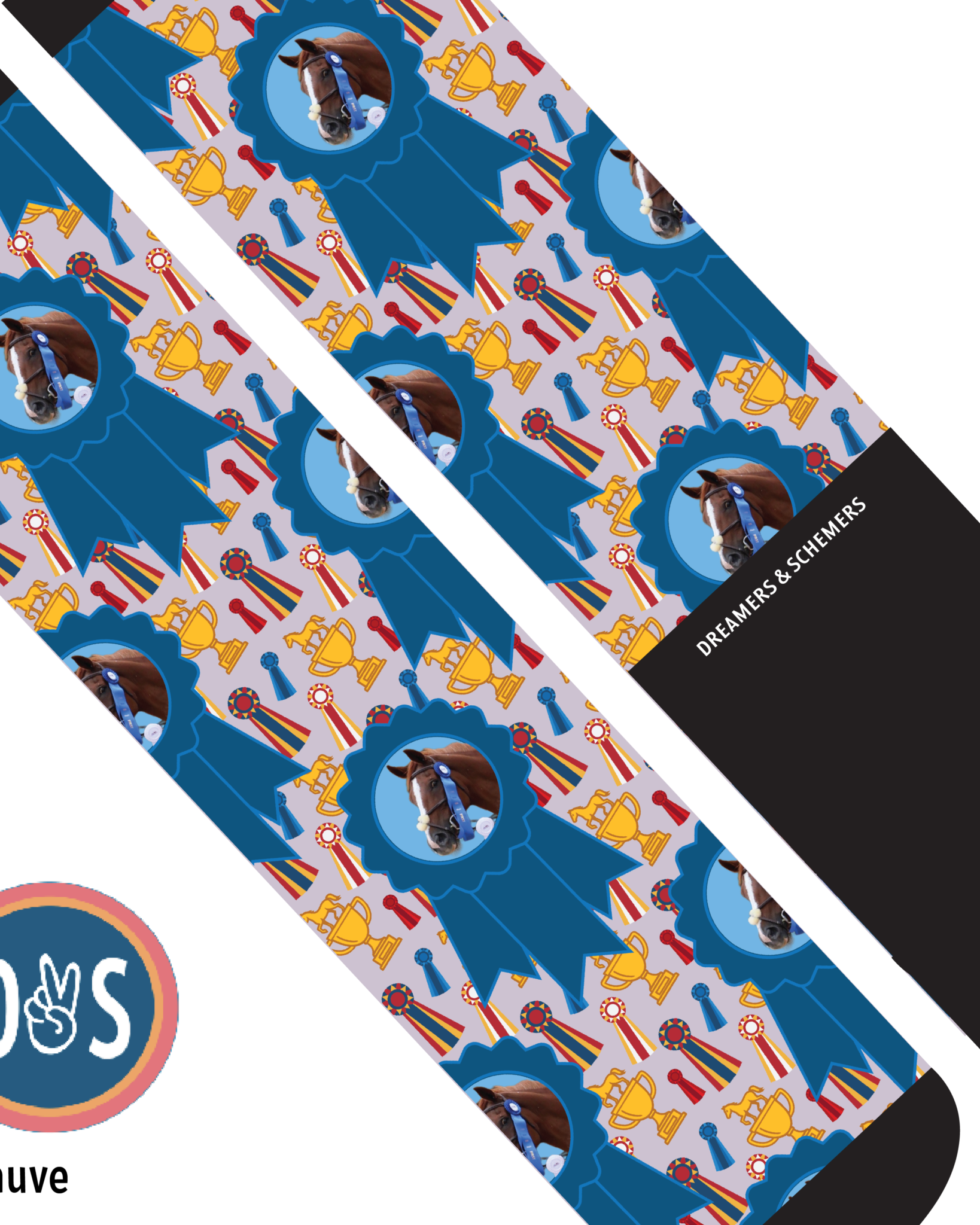 Custom blue ribbon winner boot socks with personalized photo design