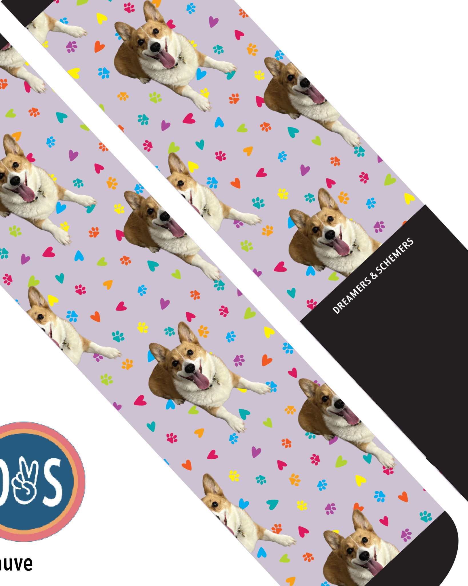 Custom boot socks with corgi dog, colorful hearts and paw prints on mauve background