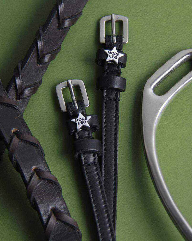 MORE LEG star spur straps with a braided leather rein and silver spur on green