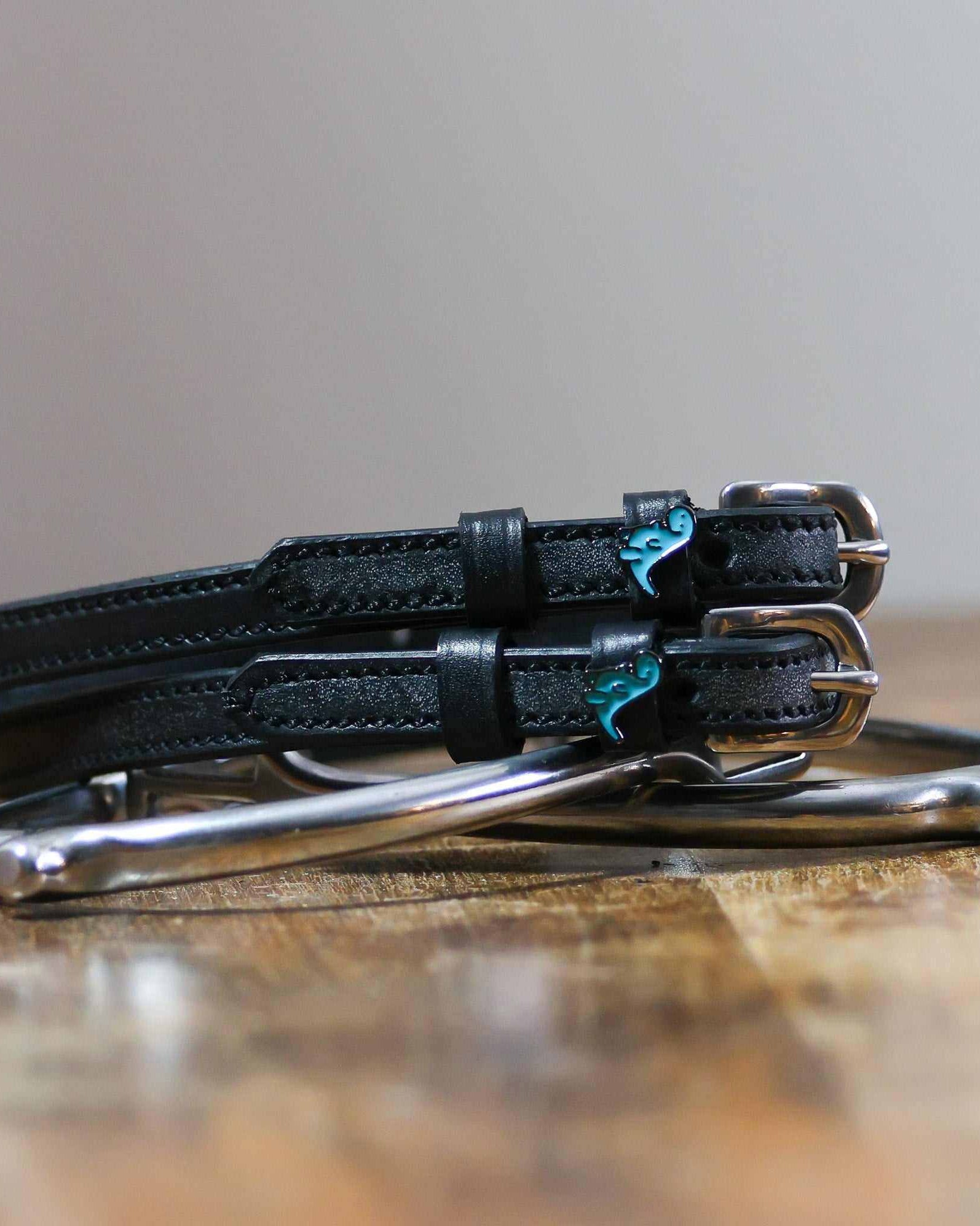 Nice Dino spur straps coiled beside a stirrup on a wooden tabletop