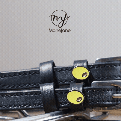 Black leather Spur Straps with stainless steel buckle and custom charm by ManeJane