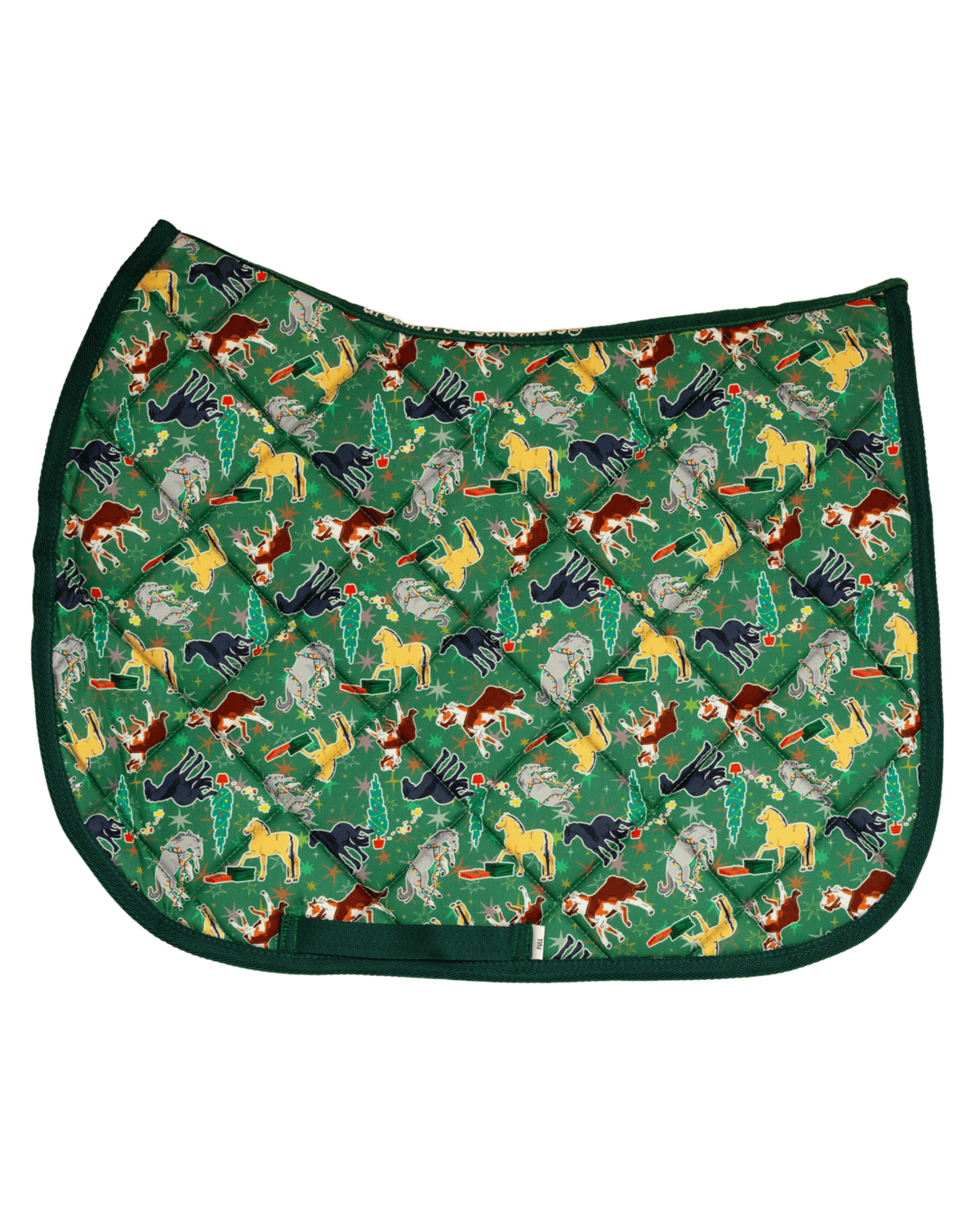 The Naughty List patterned saddle pad, full top view of the print and contrast binding, by Dreamers & Schemers