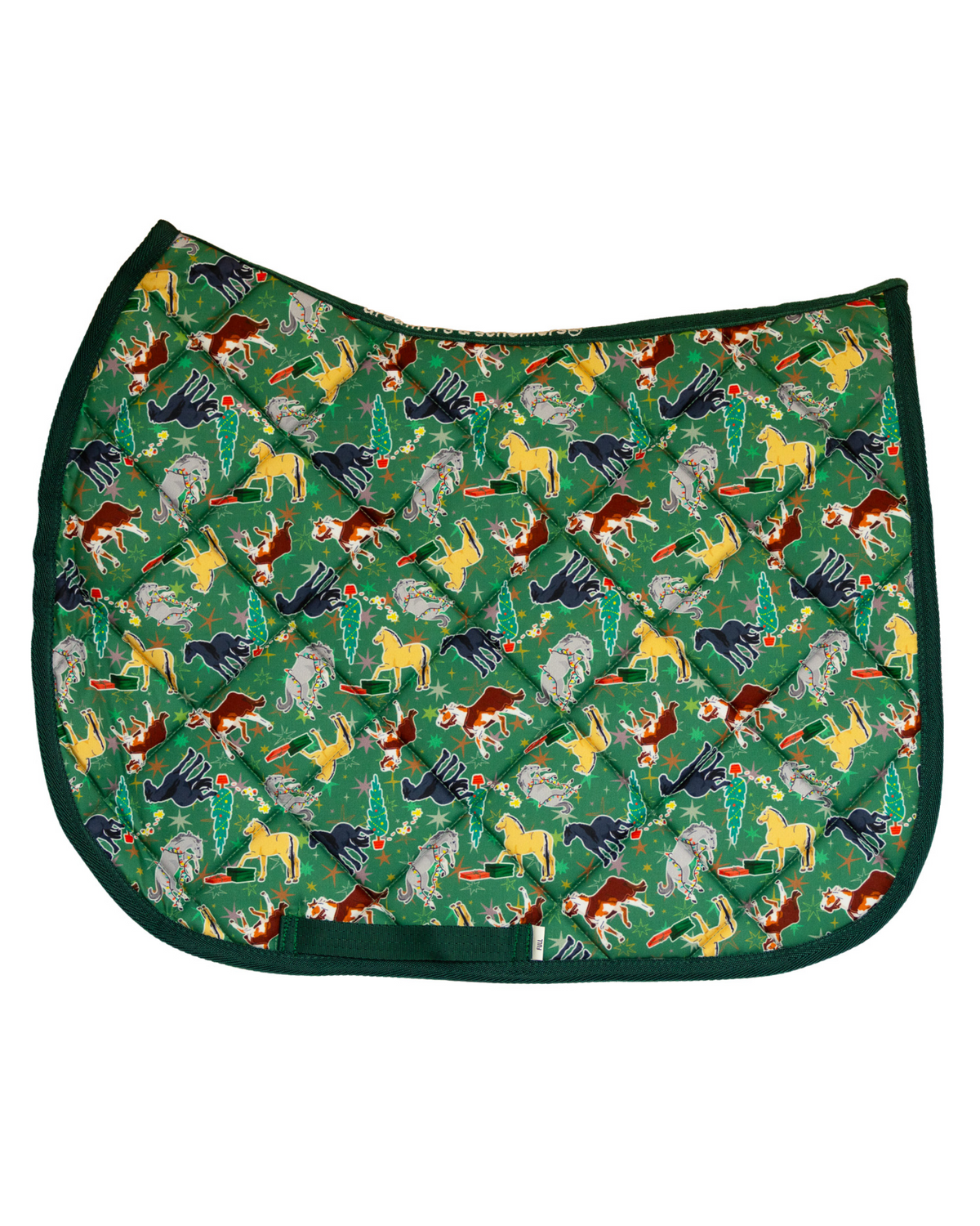 The Naughty List patterned saddle pad, full top view of the print and contrast binding, by Dreamers & Schemers