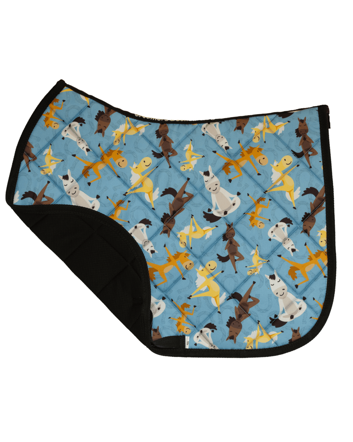 Pony Pilates saddle pad folded back to show the breathable mesh underside and quilted lining