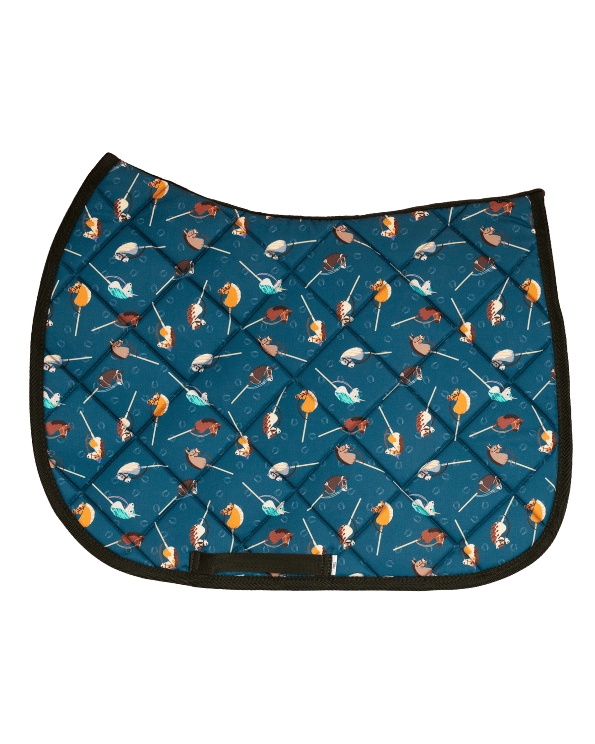 It's Not a Hobby patterned saddle pad, full top view of the print and contrast binding, by Dreamers & Schemers