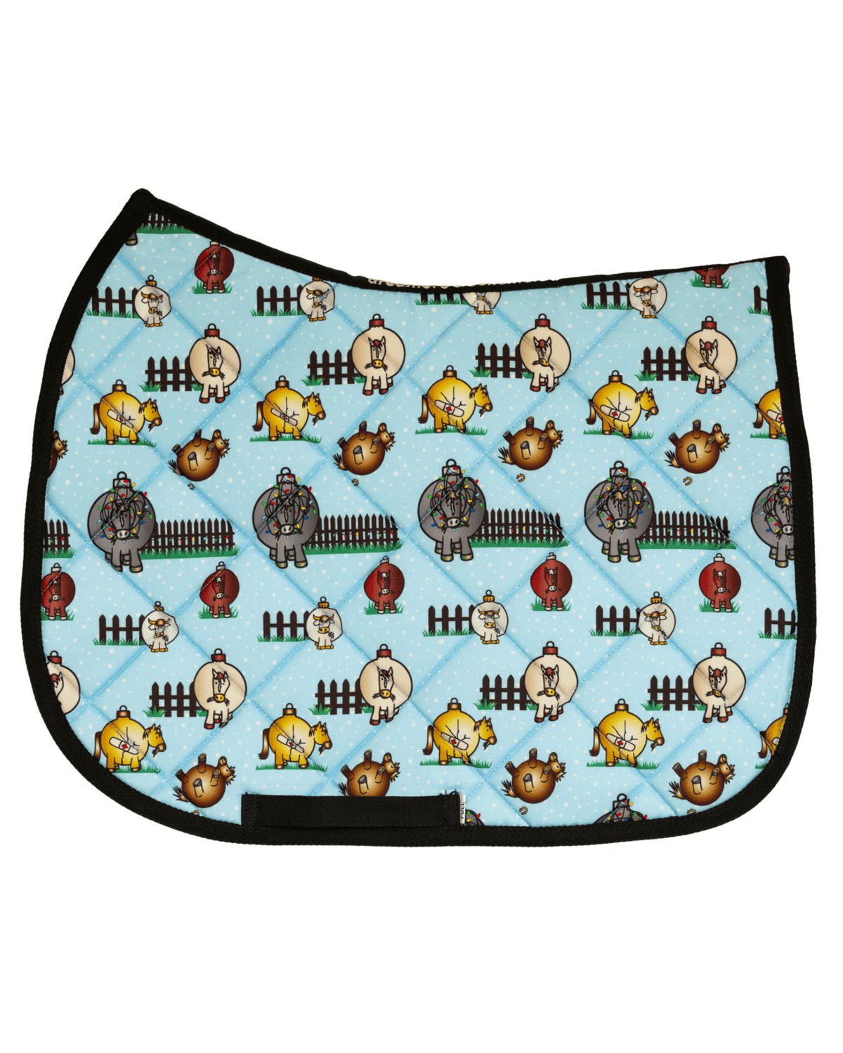 Pasture Ornaments patterned saddle pad, full top view of the print and contrast binding, by Dreamers & Schemers