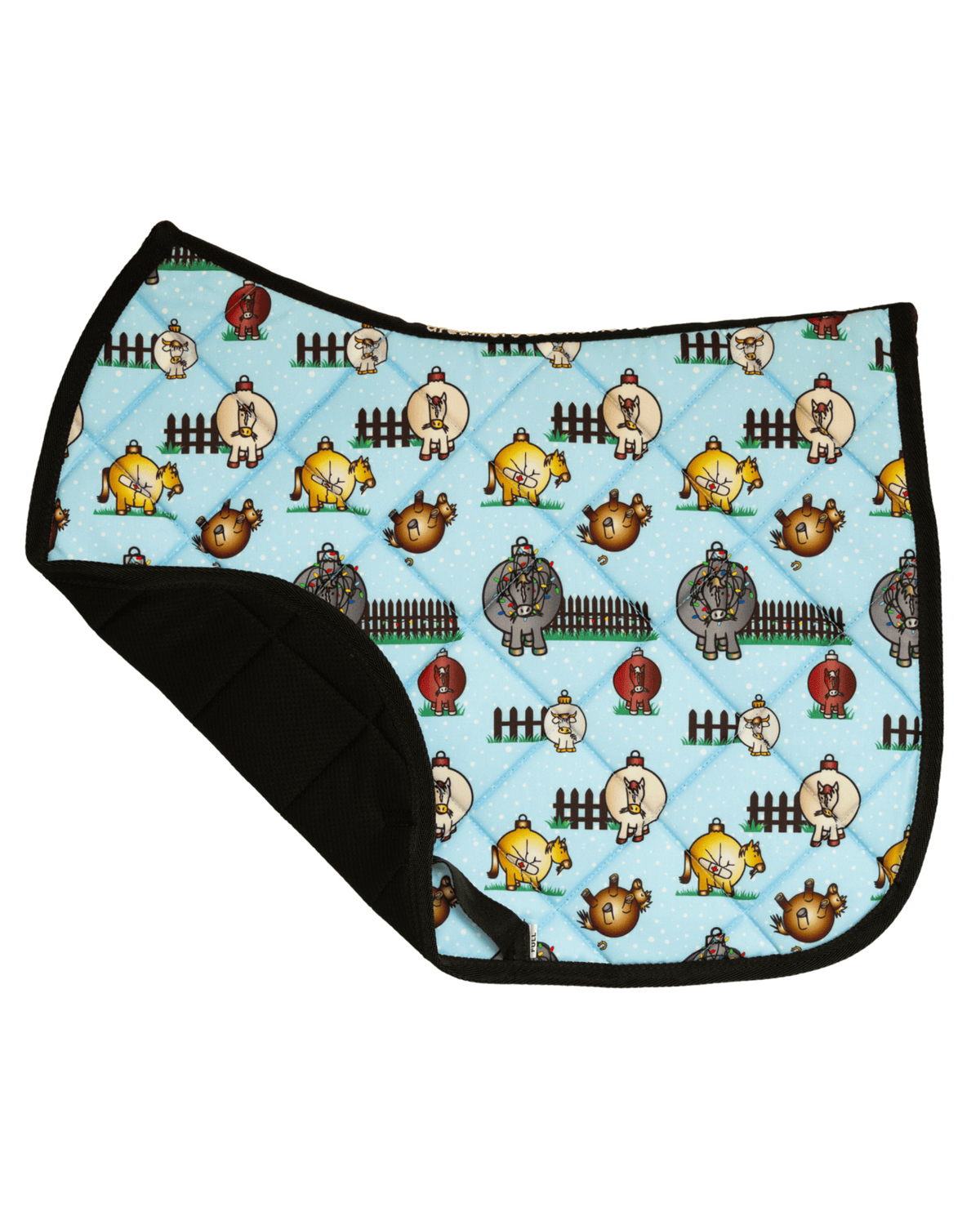 Pasture Ornaments saddle pad folded back to show the breathable mesh underside and quilted lining