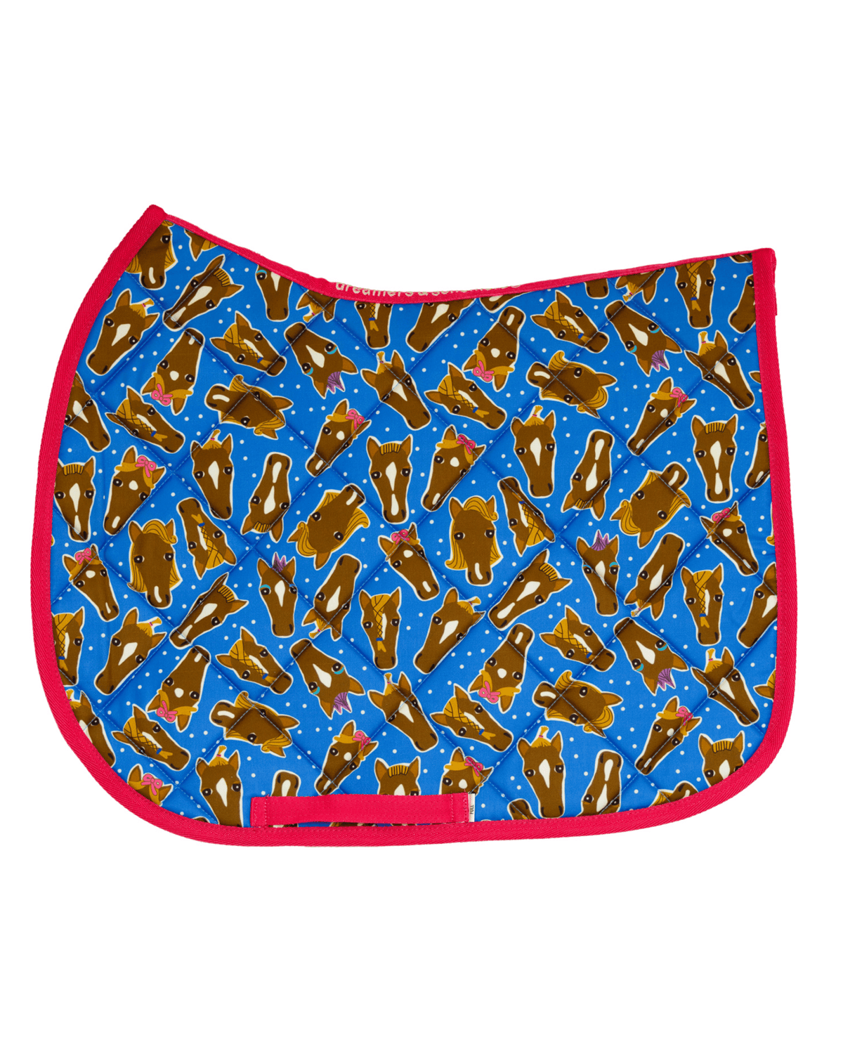 Hairy Styles patterned saddle pad, full top view of the print and contrast binding, by Dreamers & Schemers
