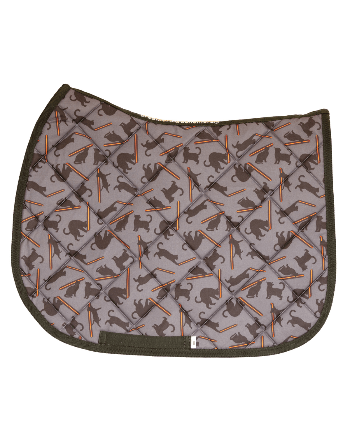 Laser Cats patterned saddle pad, full top view of the print and contrast binding, by Dreamers & Schemers
