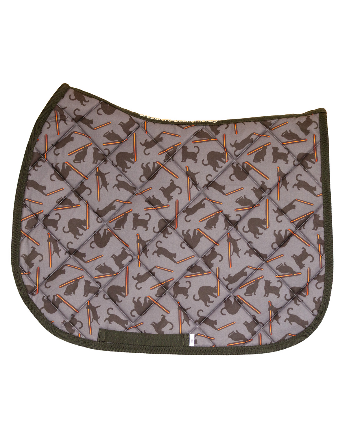 Laser Cats patterned saddle pad, full top view of the print and contrast binding, by Dreamers & Schemers