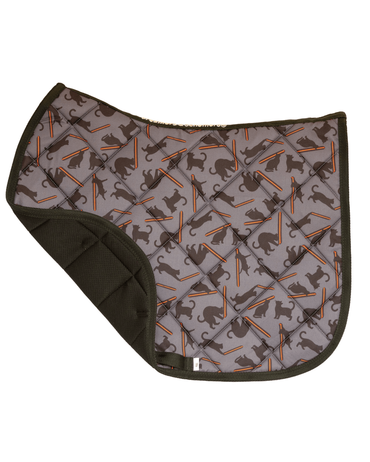Laser Cats saddle pad folded back to show the breathable mesh underside and quilted lining