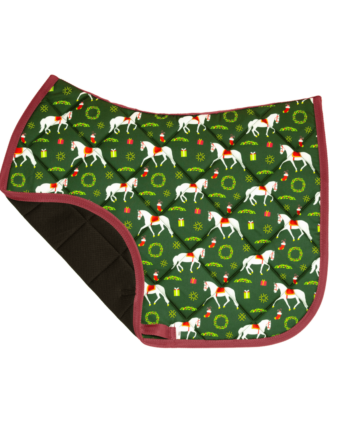 The Pony Island Lippizan Horses saddle pad folded back to show the breathable mesh underside and quilted lining