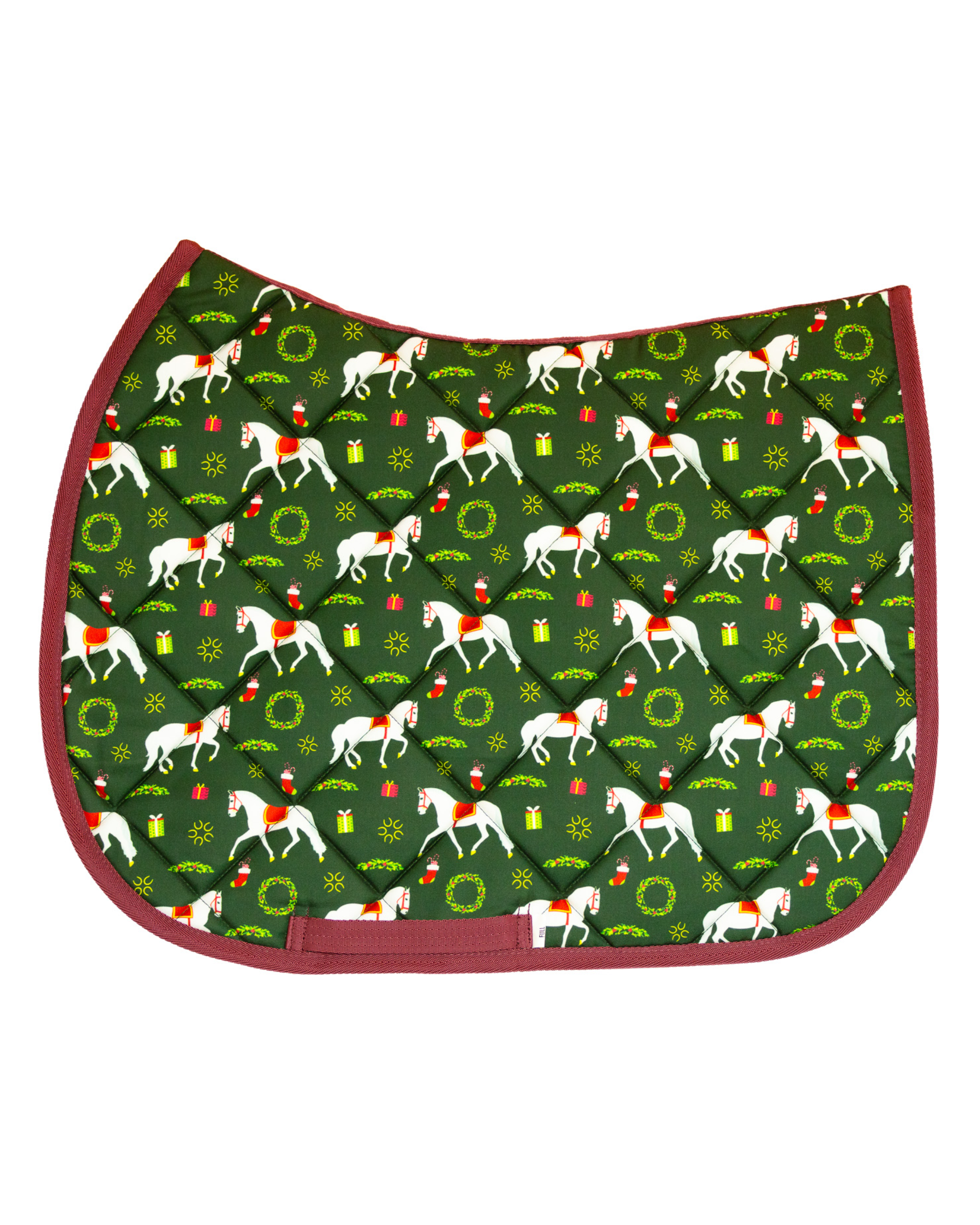 The Pony Island Lippizan Horses patterned saddle pad, full top view of the print and contrast binding, by Dreamers & Schemers