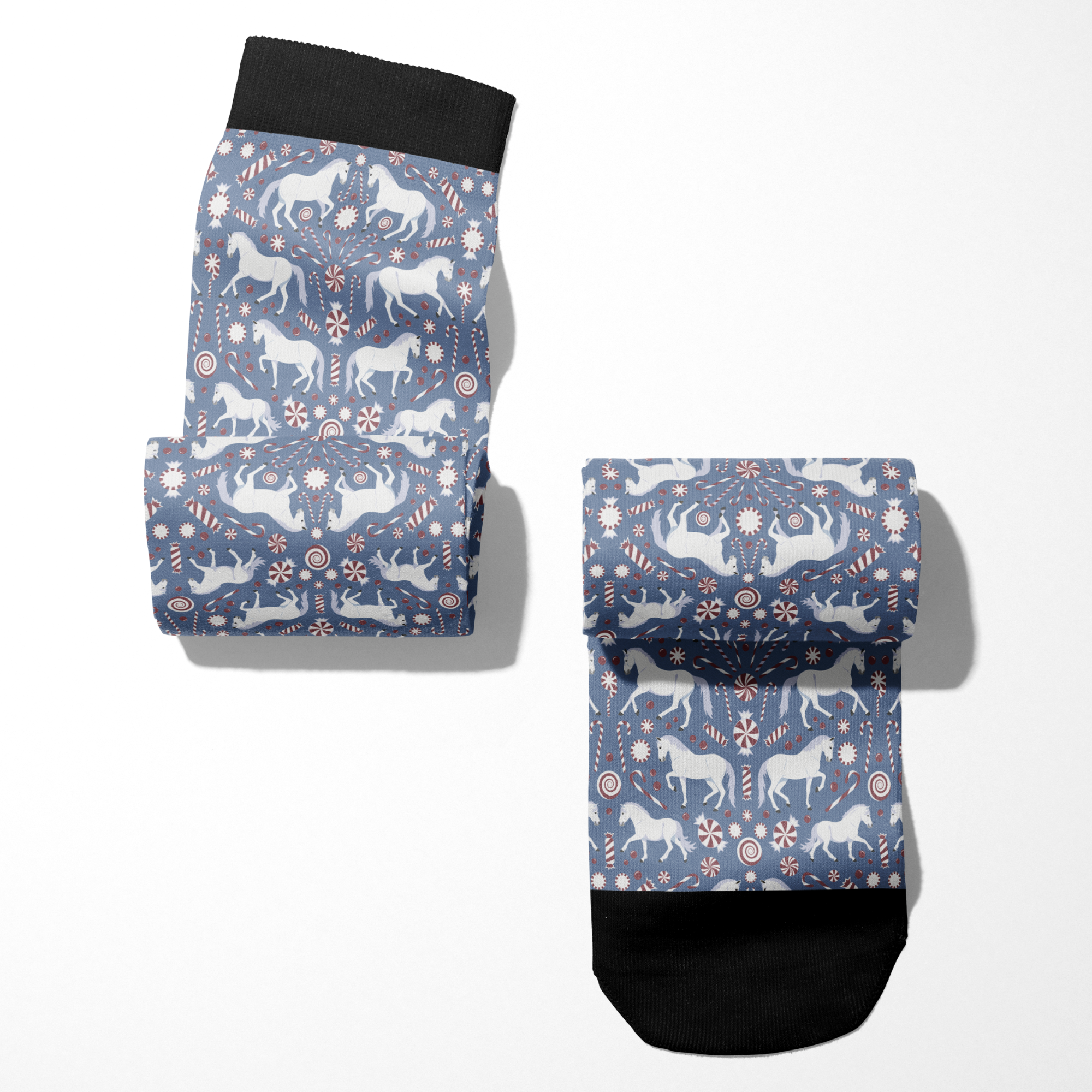 Limited Edition Pony Island Peppermint Ponies Socks with candy cane and pony pattern, black cuff, made in USA boot socks