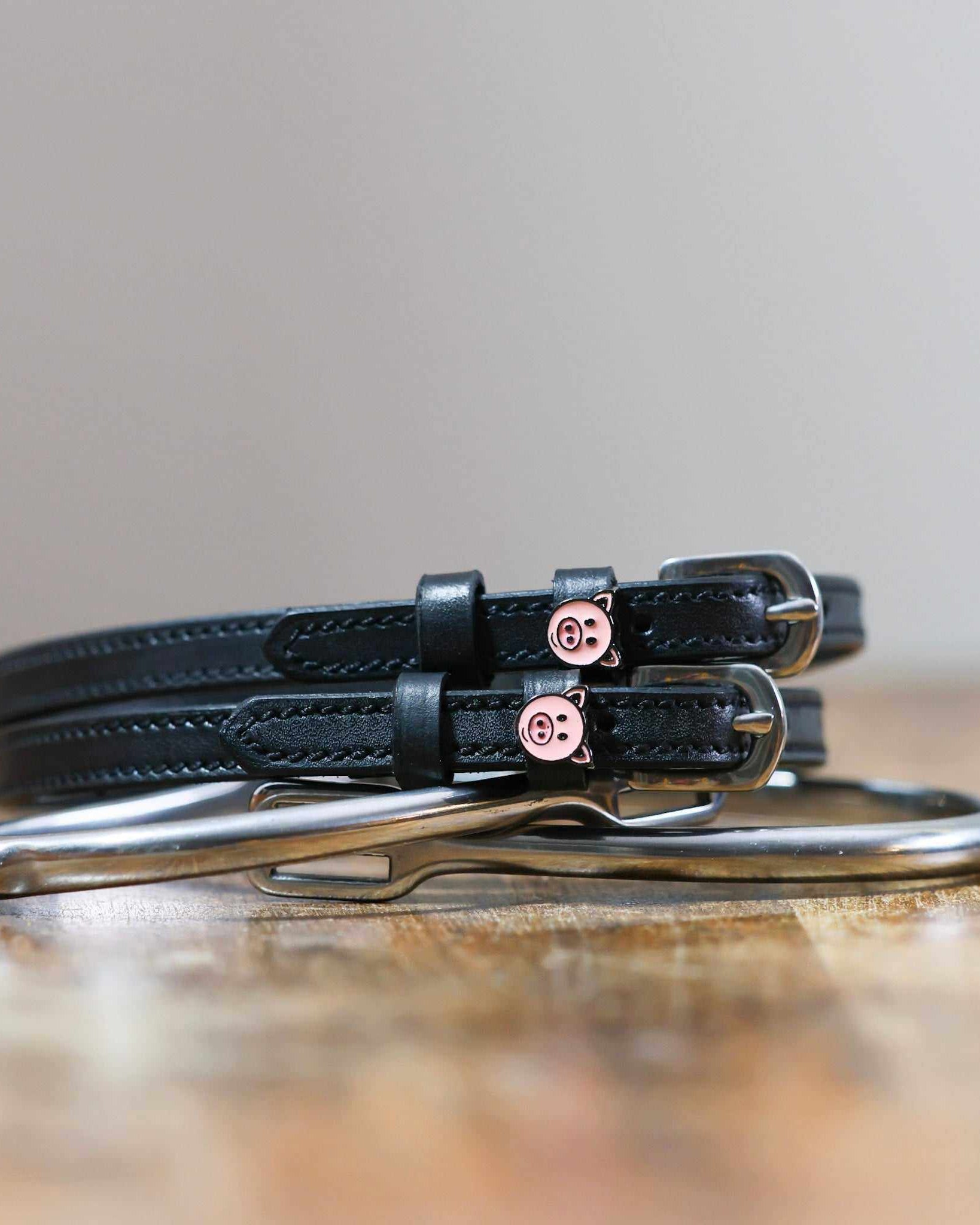 Coiled black leather spur straps and a silver spur on wood with pig-face charms