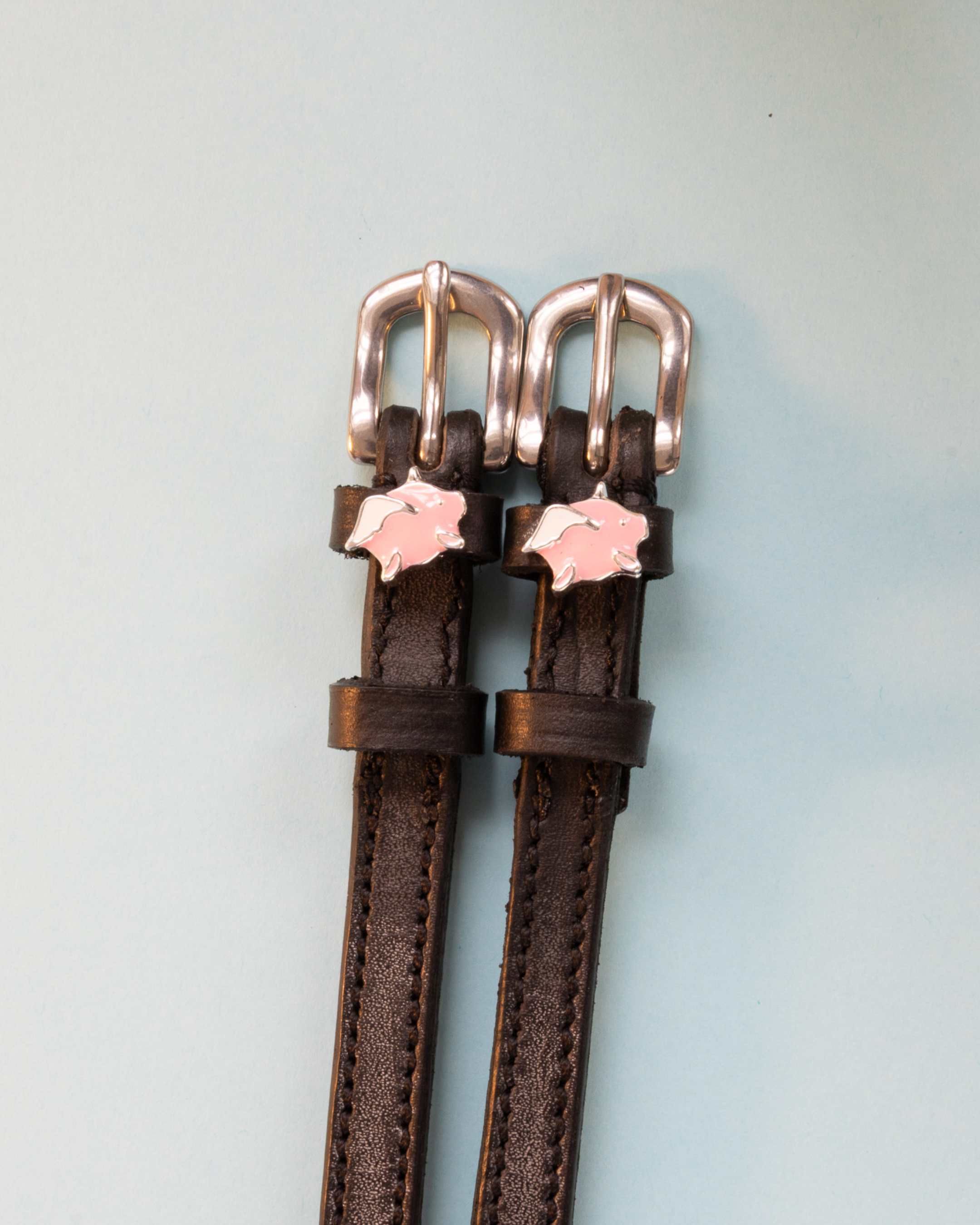 Brown leather ManeJane flying pig spur straps with rose-gold buckles, pale blue backdrop