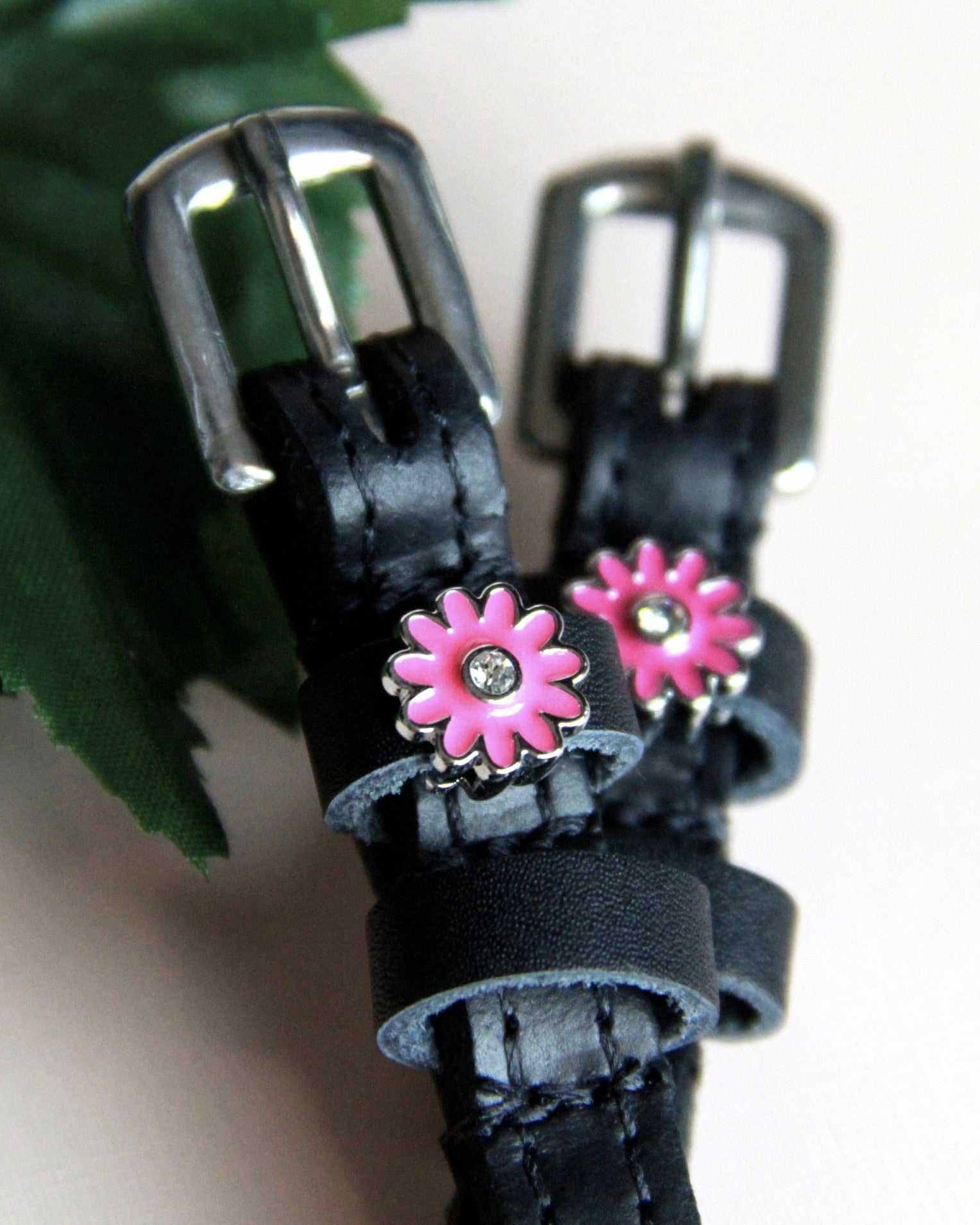 Angled view of pink daisy charm spur straps set against green leaves