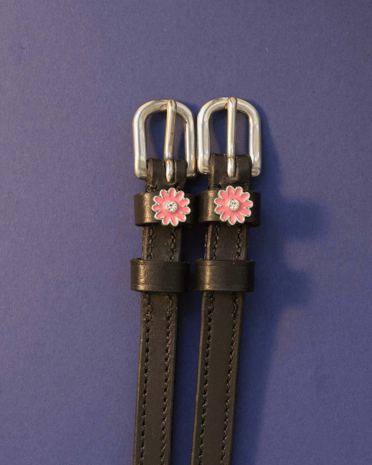 Black leather pink flower spur straps flat-laid on a deep purple background