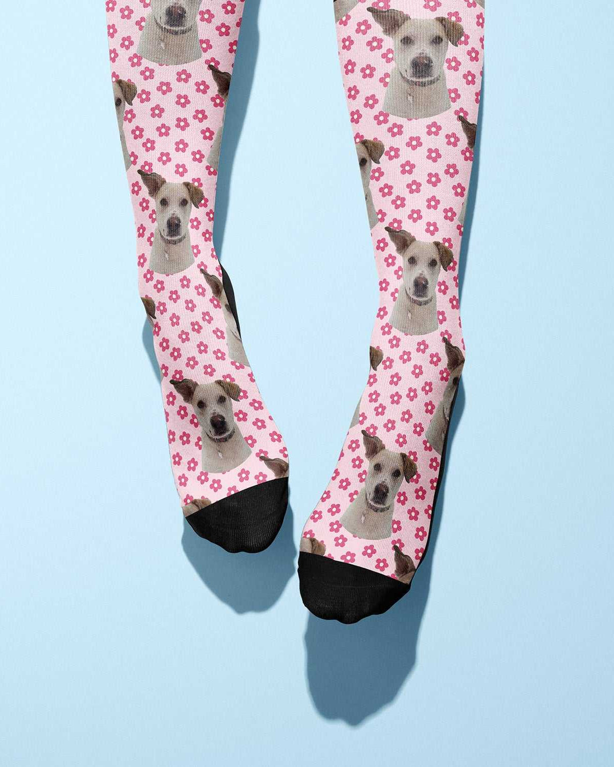 Pinky Petals custom photo equestrian boot socks, pink background, product mockup showing the full design