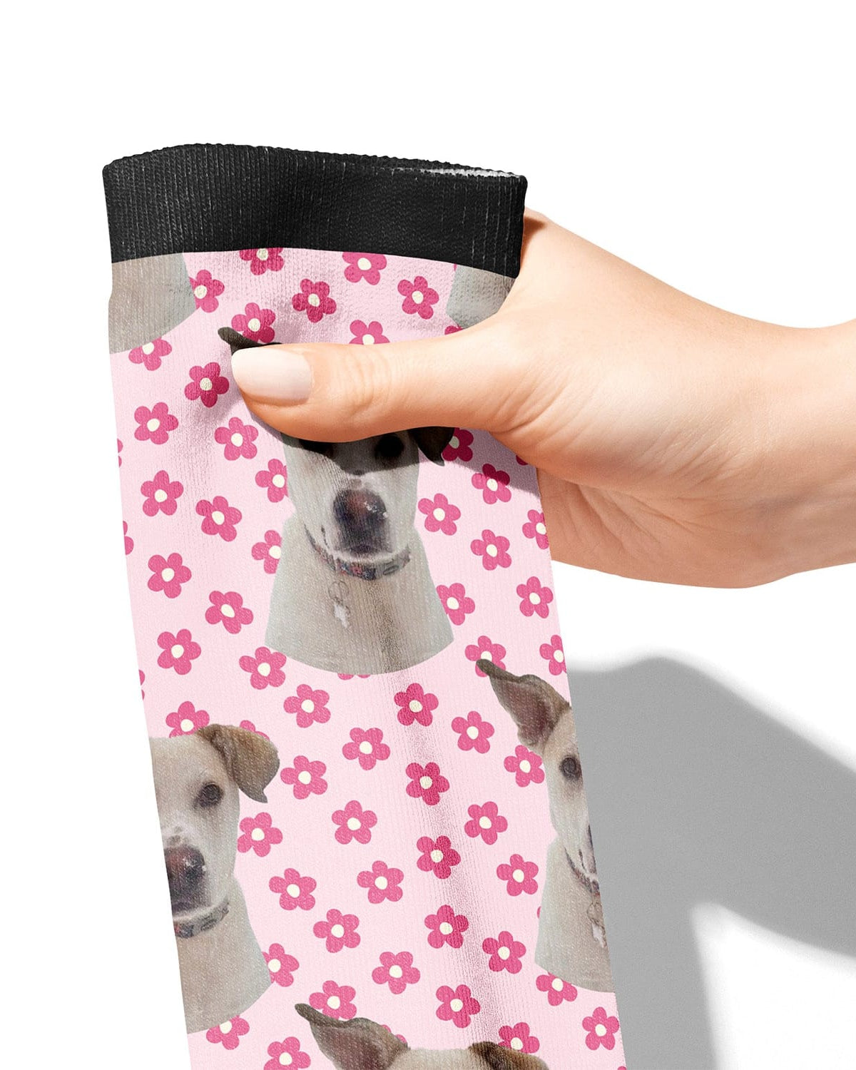 Pinky Petals custom photo equestrian boot socks, pink background, product mockup showing the full design, by Dreamers & Schemers