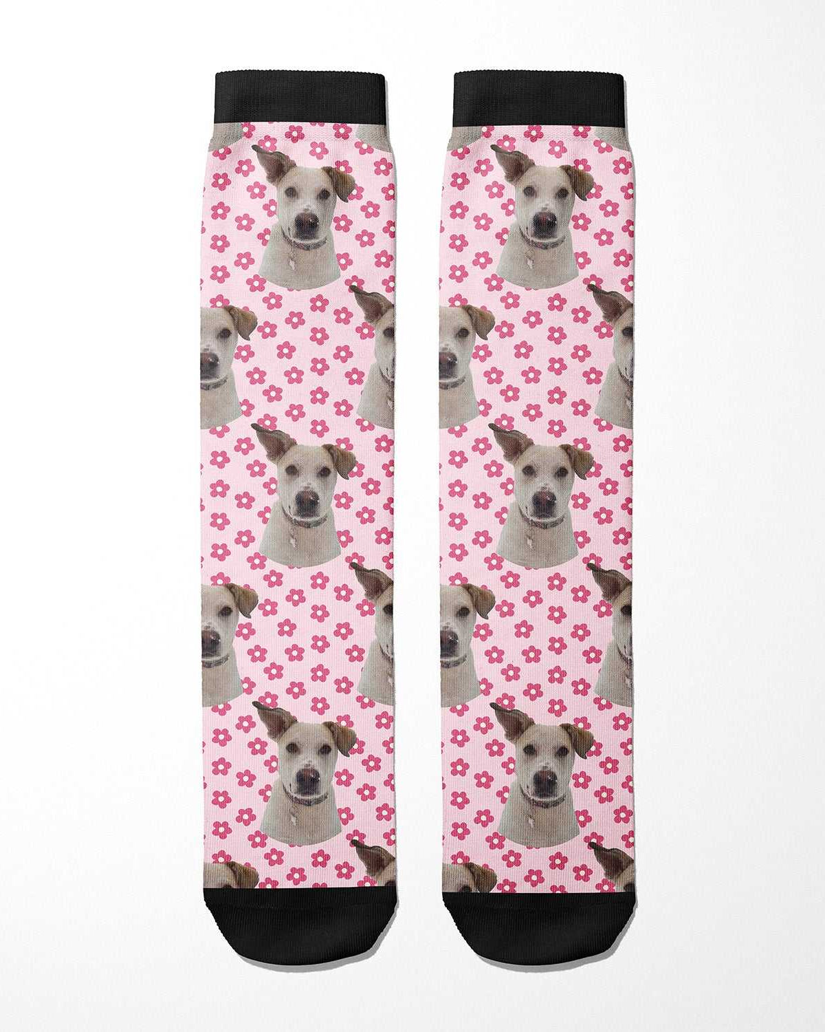 Pinky Petals custom photo equestrian boot socks, pink background, product mockup showing the full design