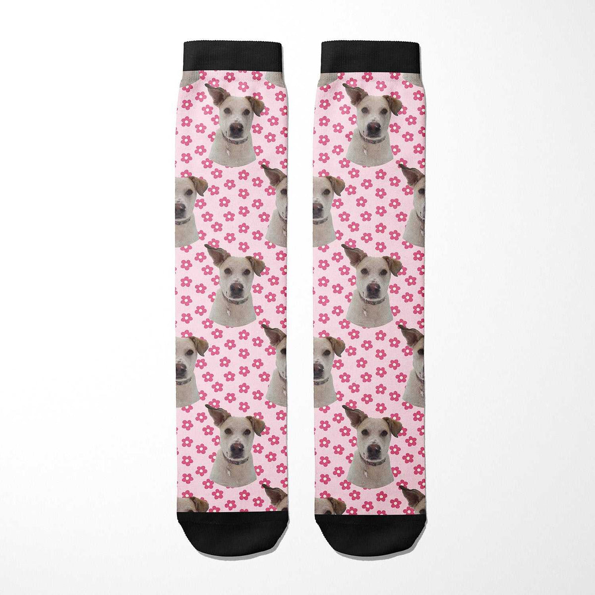 Pinky Petals custom photo equestrian boot socks, pink background, product mockup showing the full design