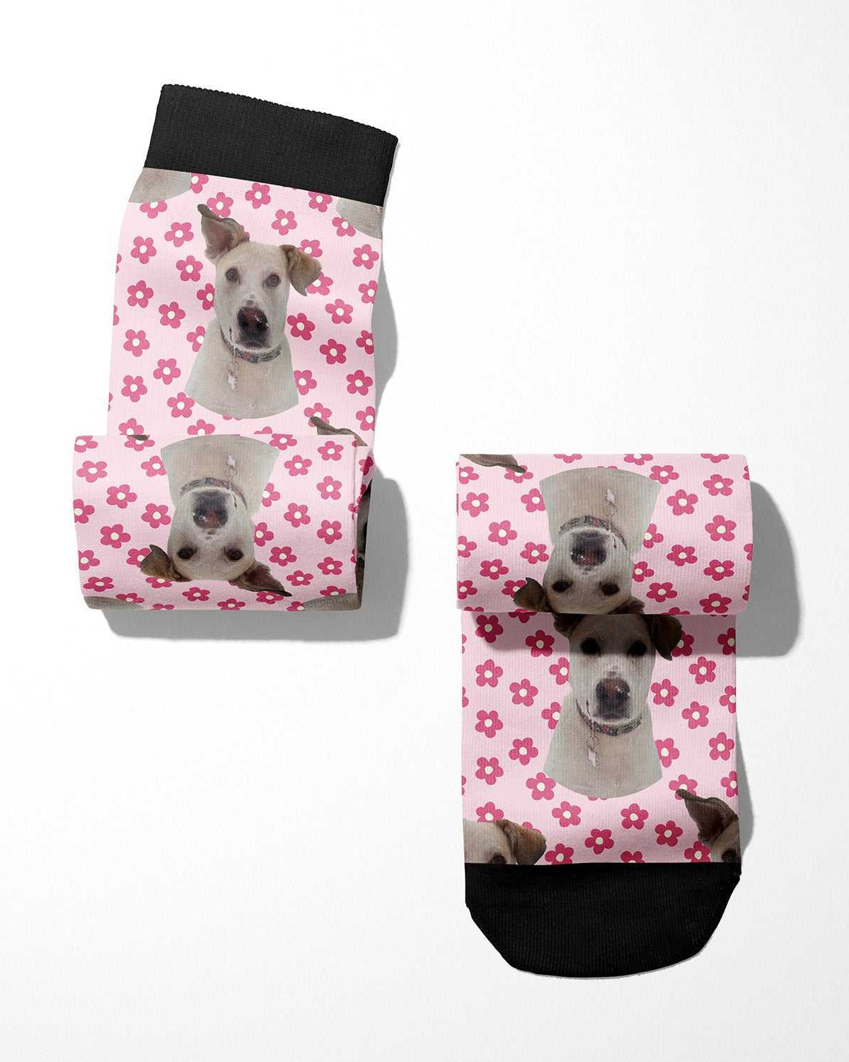Pinky Petals custom photo equestrian boot socks, pink background, product mockup showing the full design