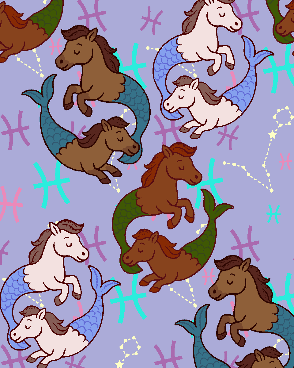 Pisces zodiac boot socks pattern with mermaid horses on purple background