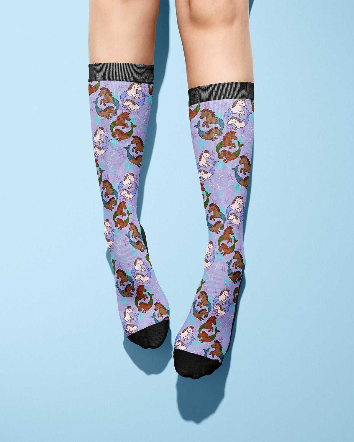 Pisces zodiac boot socks with colorful horse pattern and black toe and cuff, one size fits most