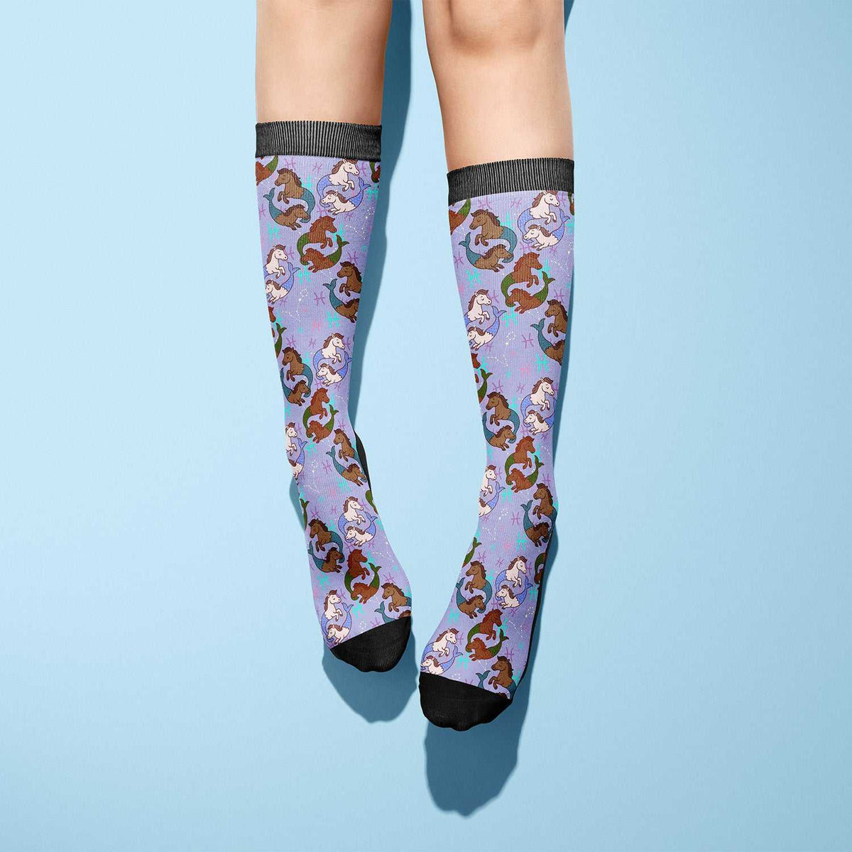 Pisces zodiac boot socks with colorful horse pattern and black toe and cuff, one size fits most