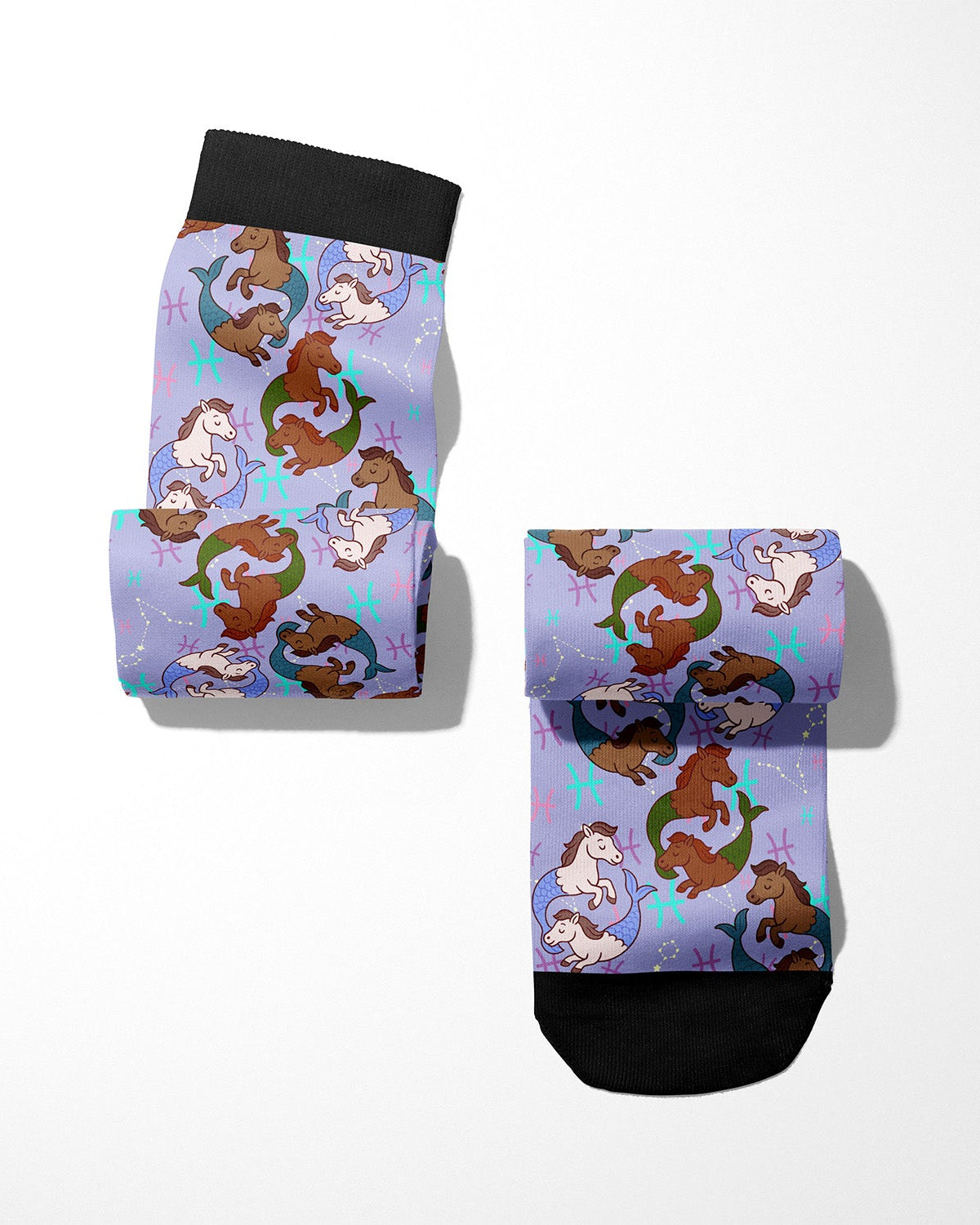 Limited edition Pisces zodiac boot socks with horse patterns, made in the USA, one size fits most.