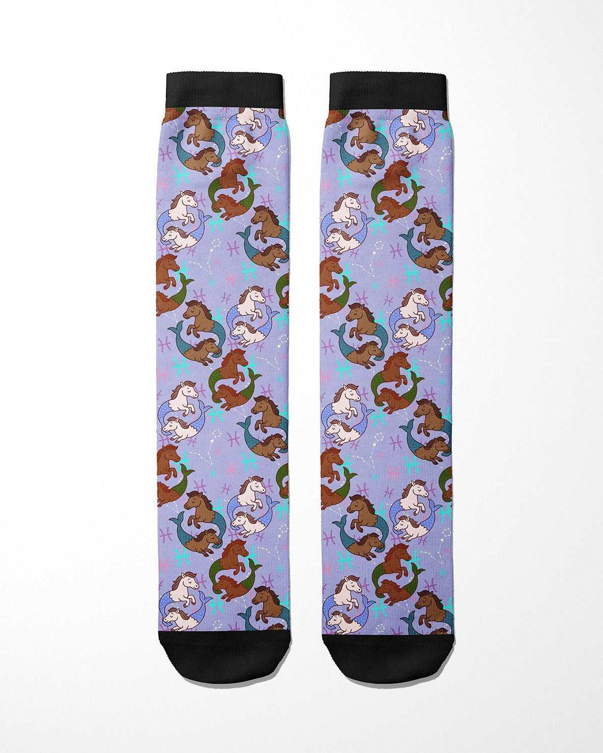 Limited edition Pisces zodiac boot socks with horse pattern, made in the USA, one size fits most, cotton blend.