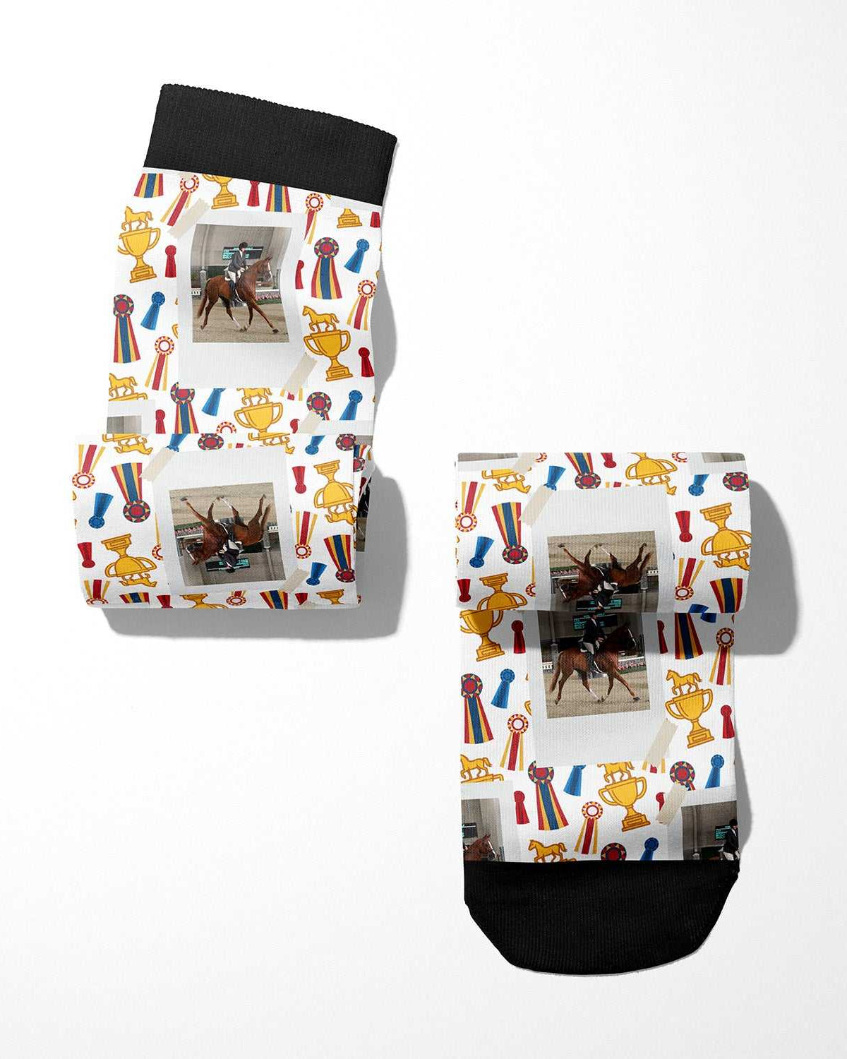 Custom boot socks with horse and trophy pattern featuring personalized photo, made of cotton blend