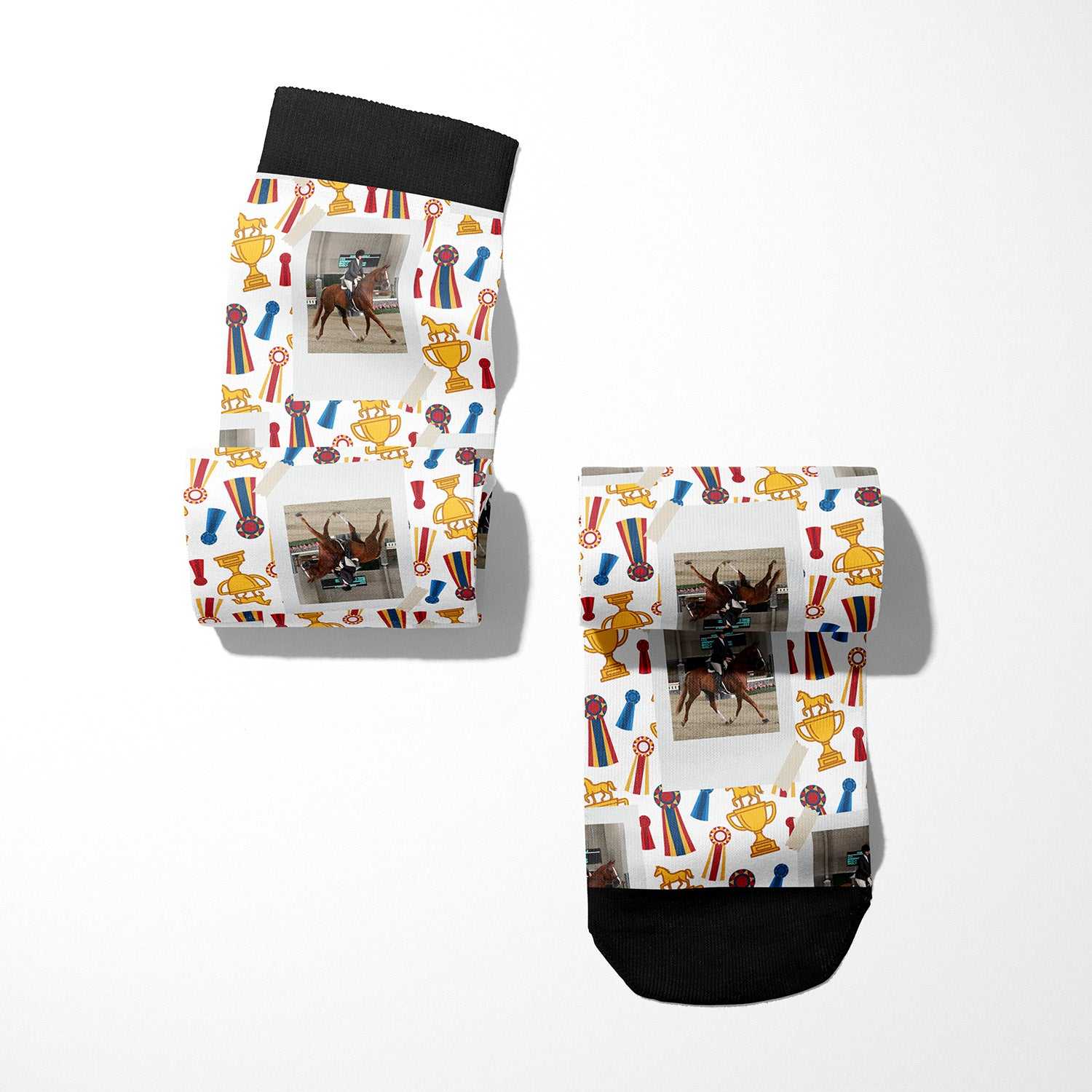 Custom boot socks with horse and trophy pattern featuring personalized photo, made of cotton blend