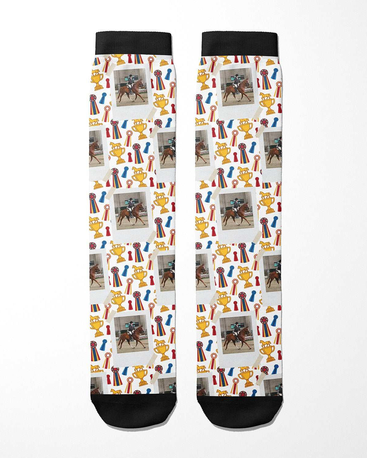 Custom boot socks with horse photo and winner-themed patterns including trophies and ribbons