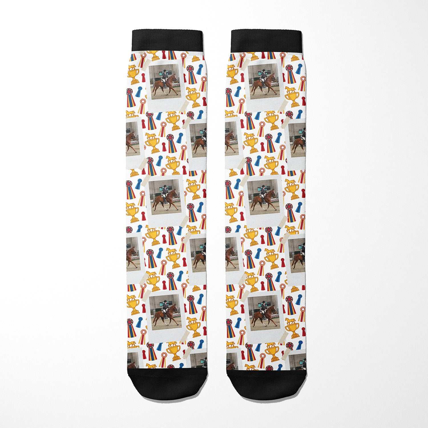 Custom boot socks with horse photo and winner-themed patterns including trophies and ribbons