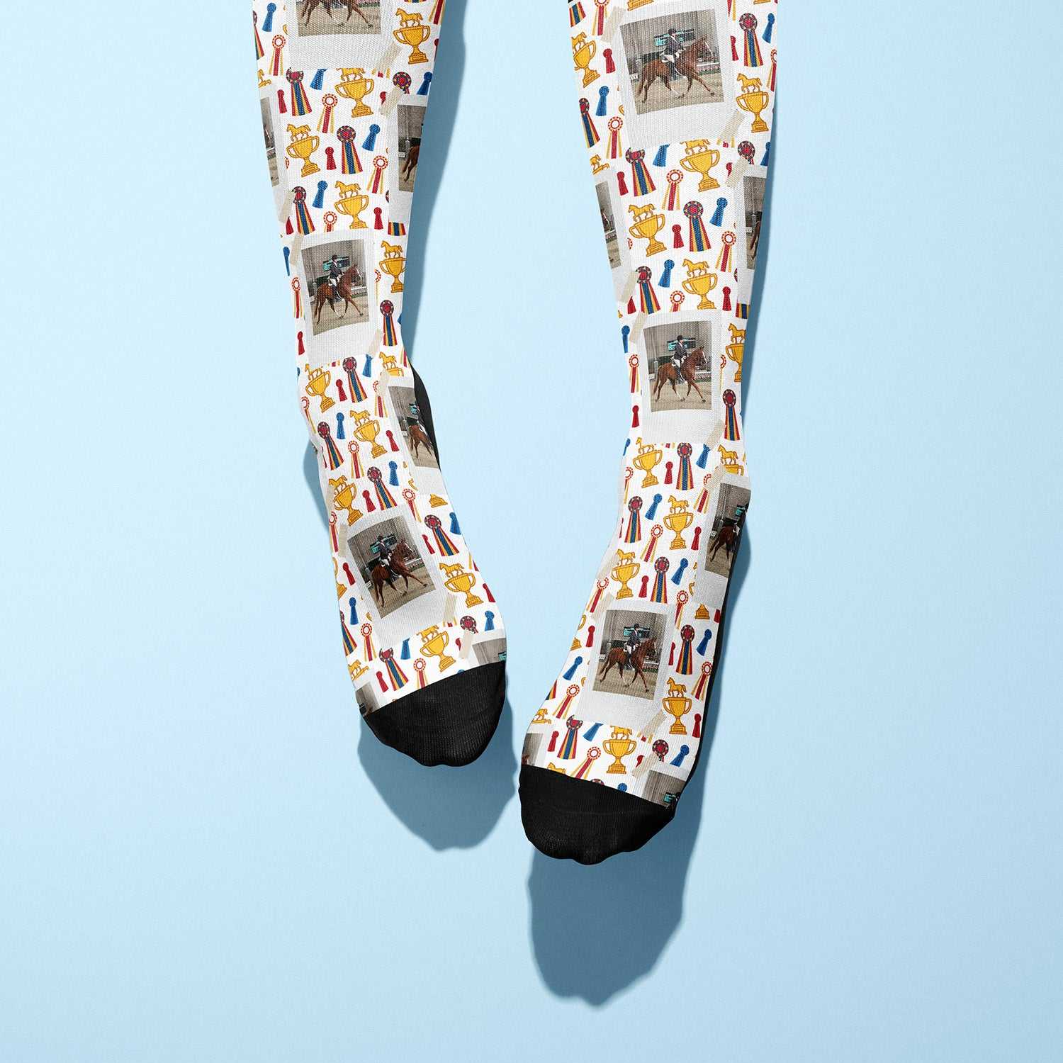 Custom boot socks with horse and trophy photo pattern on white background