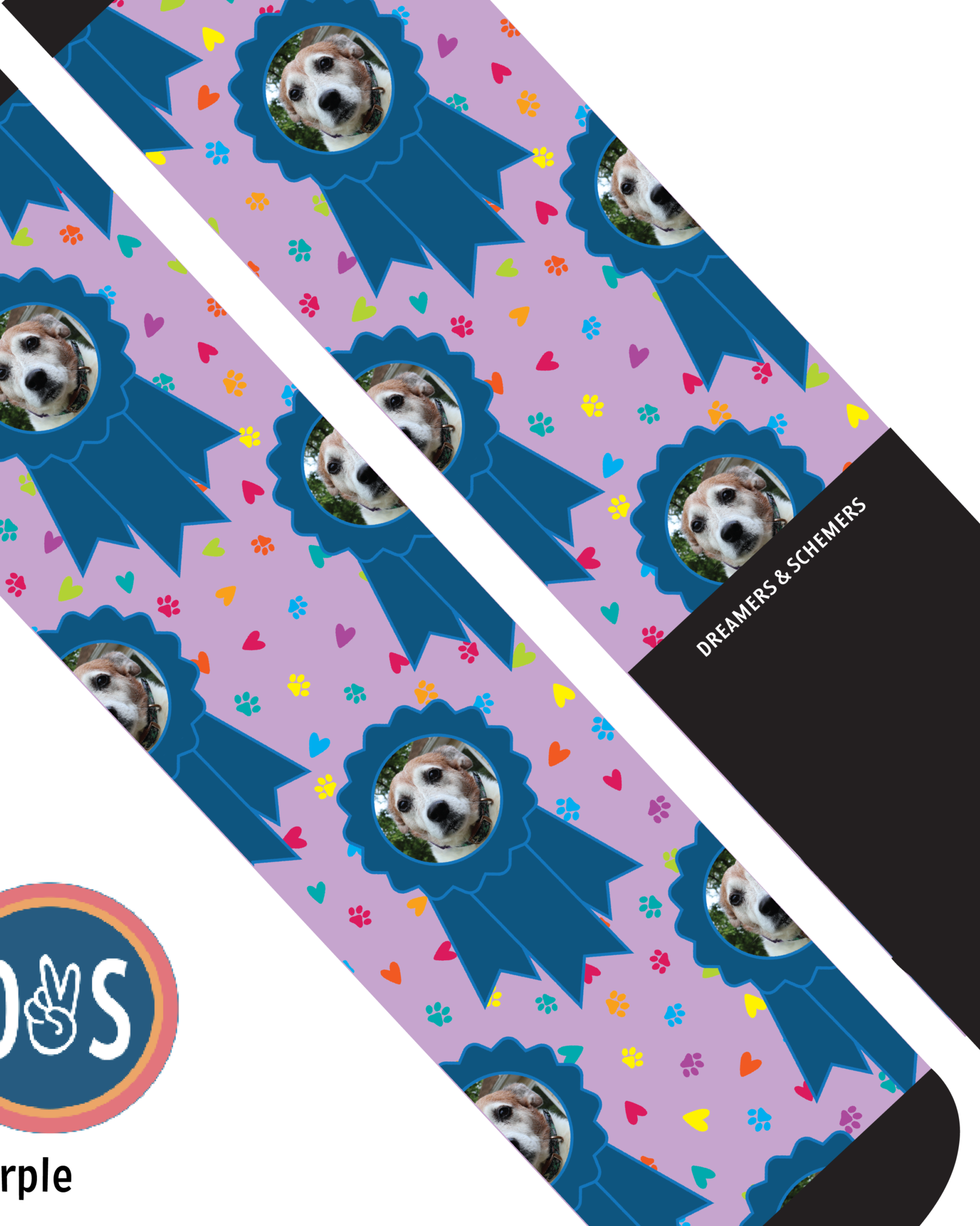 Custom blue ribbon boot socks with personalized animal and photo design