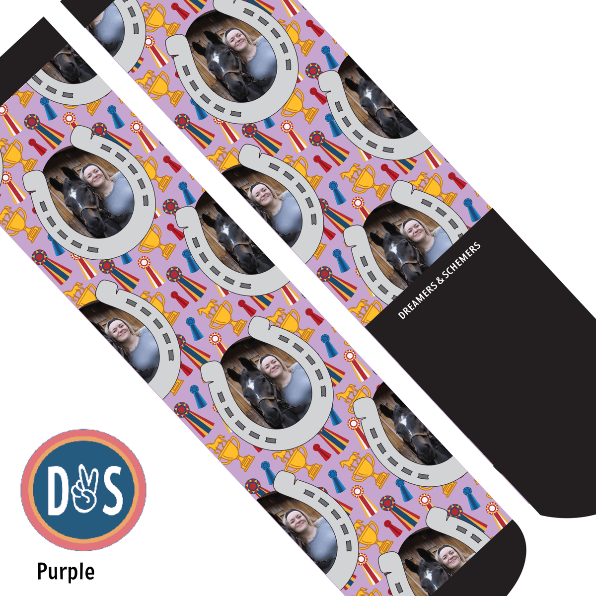 Custom boot socks with horseshoes and winner winner design for adults and kids
