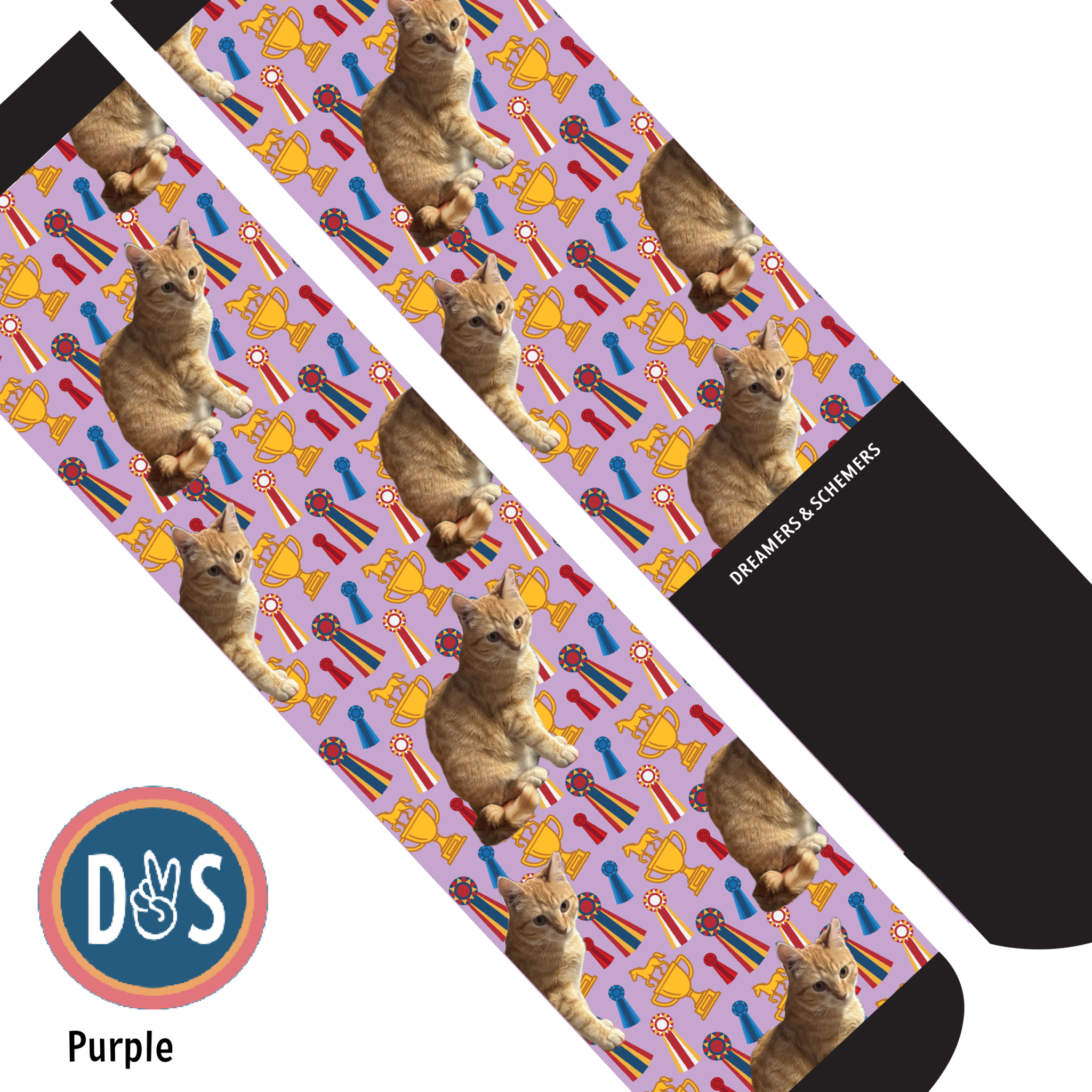 Custom boot socks with cat and trophy pattern on purple background by Dreamers & Schemers