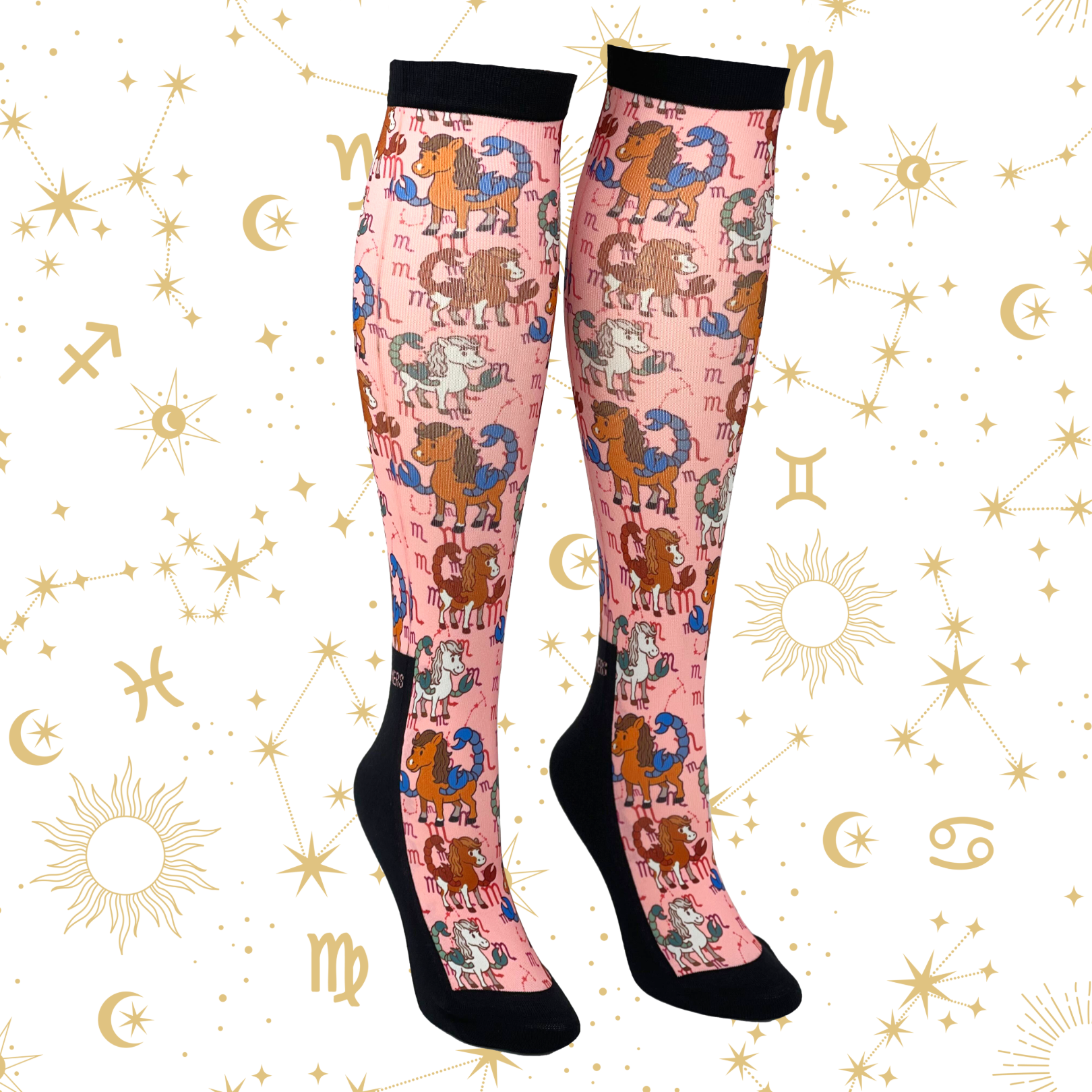 Scorpio zodiac boot socks with colorful horse pattern and black accents, made in the USA.