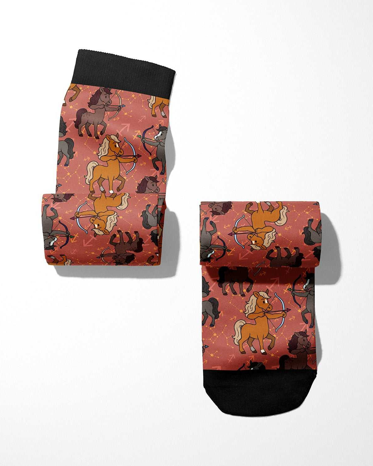 Limited edition Sagittarius zodiac boot socks with horseback riding pattern and black cuffs