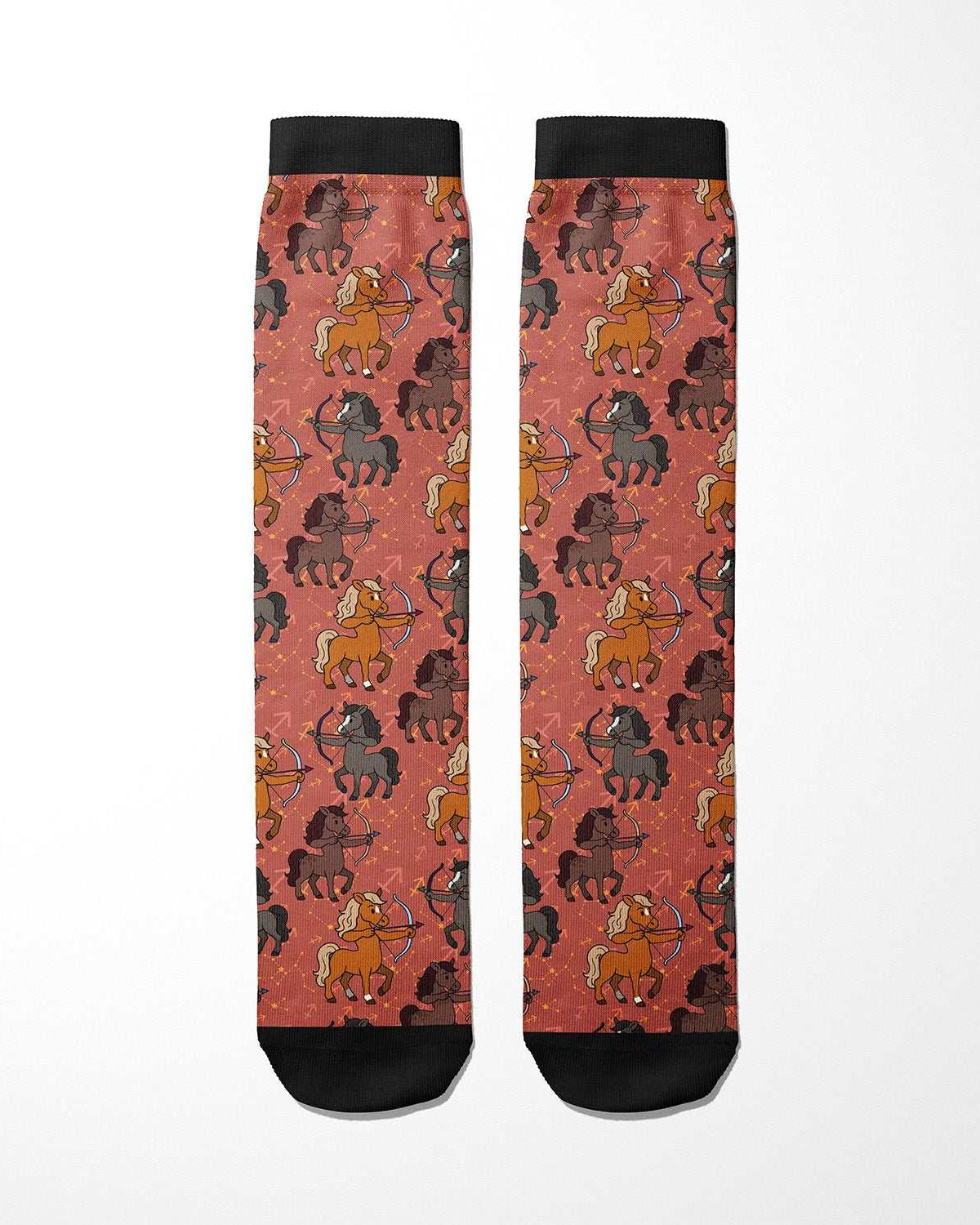 Limited edition Sagittarius zodiac boot socks with horseback rider pattern, made in USA.