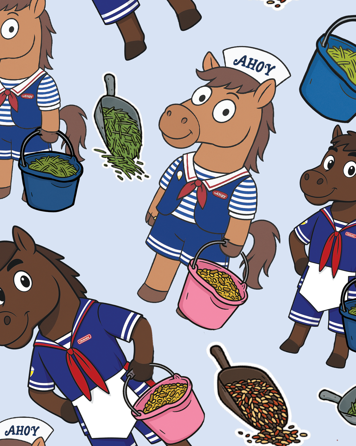Limited edition Scoops Ahoy boot socks with cartoon horses in sailor outfits carrying buckets of feed, retro ice cream parlor style design