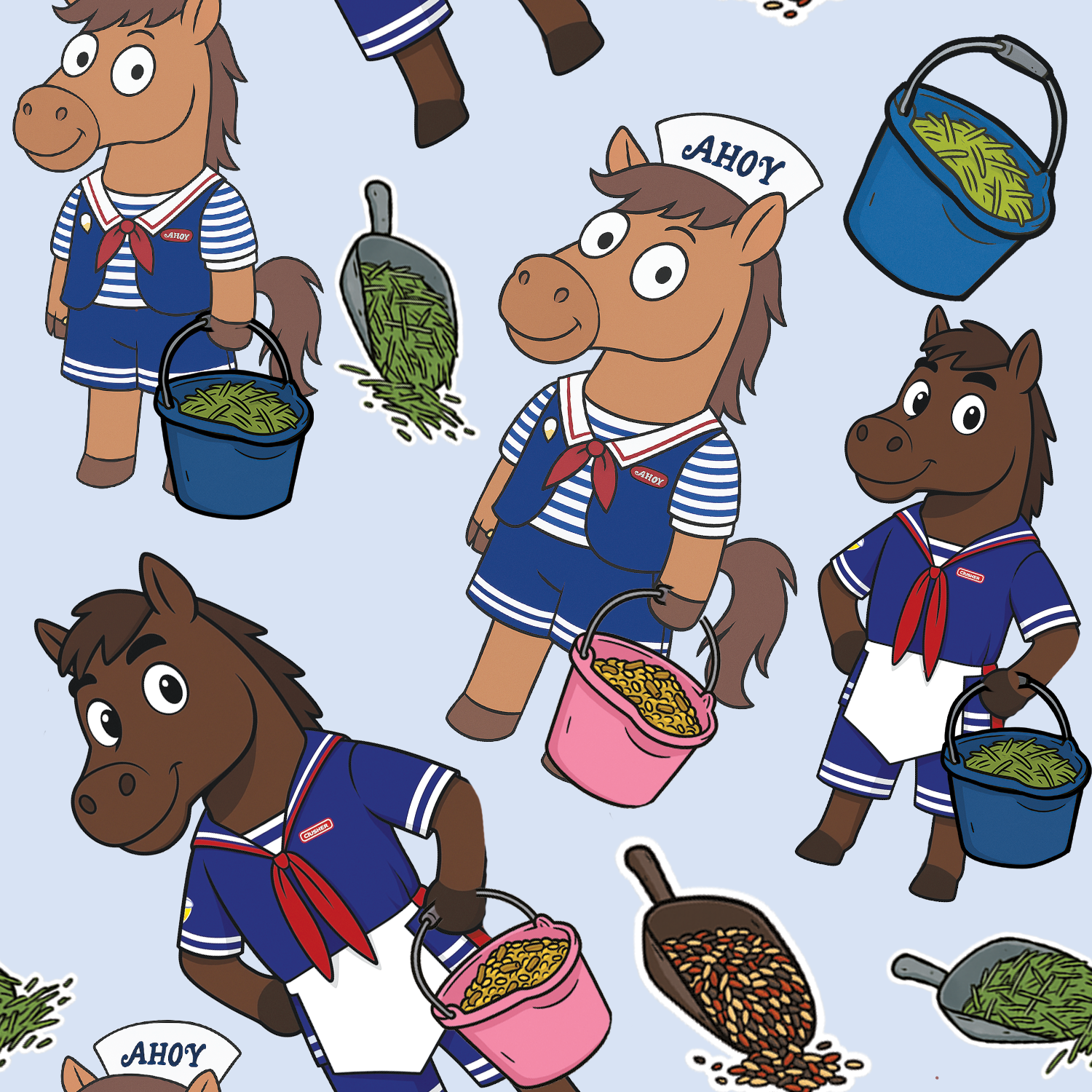Limited edition Scoops Ahoy boot socks with cartoon horses in sailor outfits carrying buckets of feed, retro ice cream parlor style design
