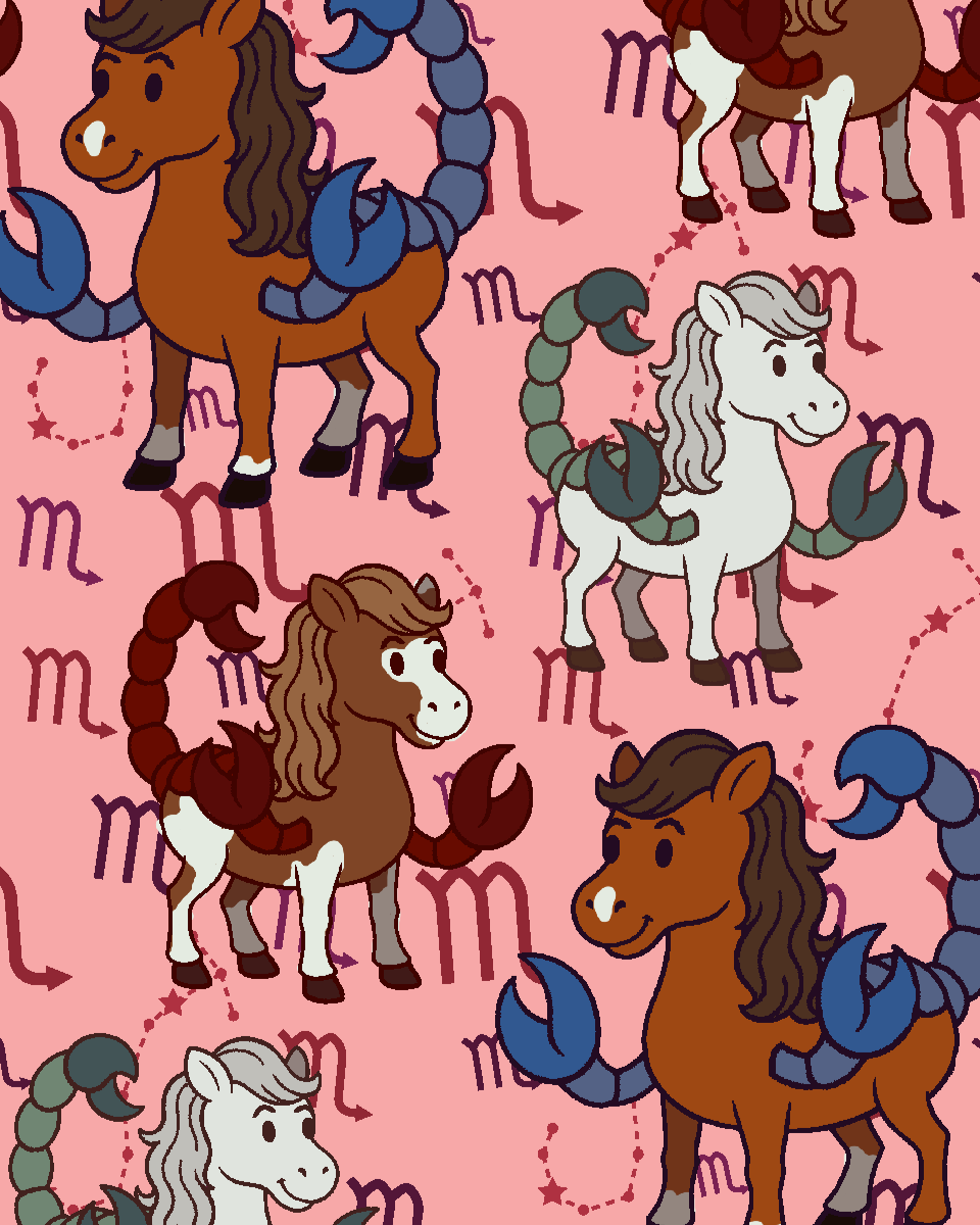 Scorpio zodiac themed boot socks with cartoon horse-scorpion hybrid design in brown and white on pink background