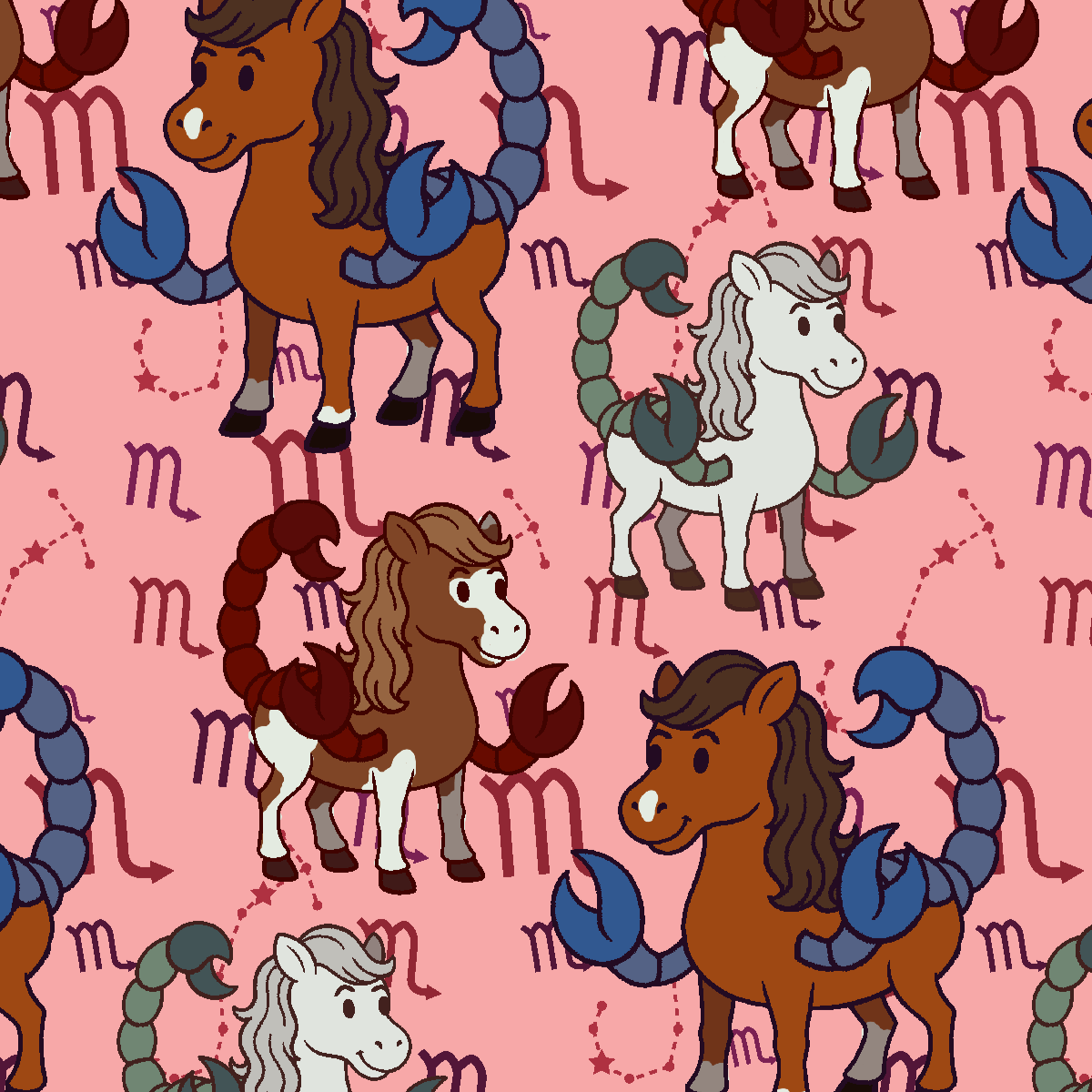 Scorpio zodiac themed boot socks with cartoon horse-scorpion hybrid design in brown and white on pink background