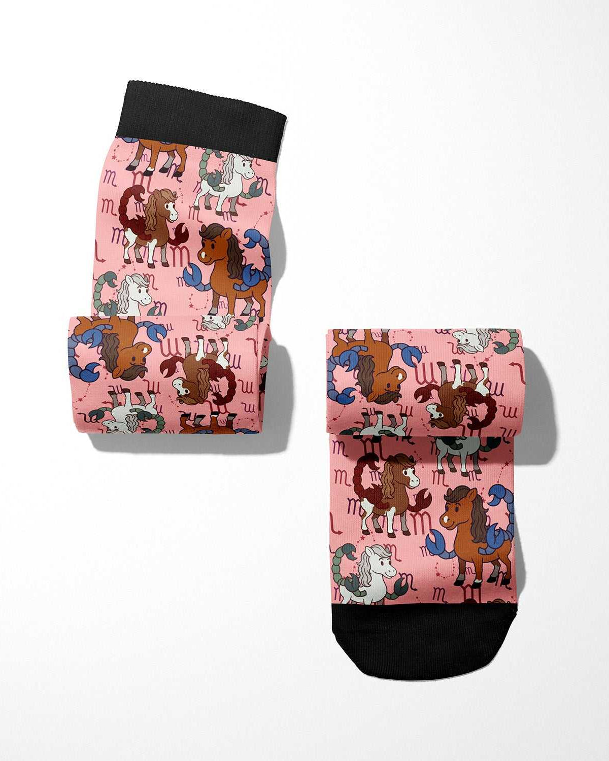 Limited edition Scorpio zodiac boot socks with colorful horse pattern and black cuffs, made in USA